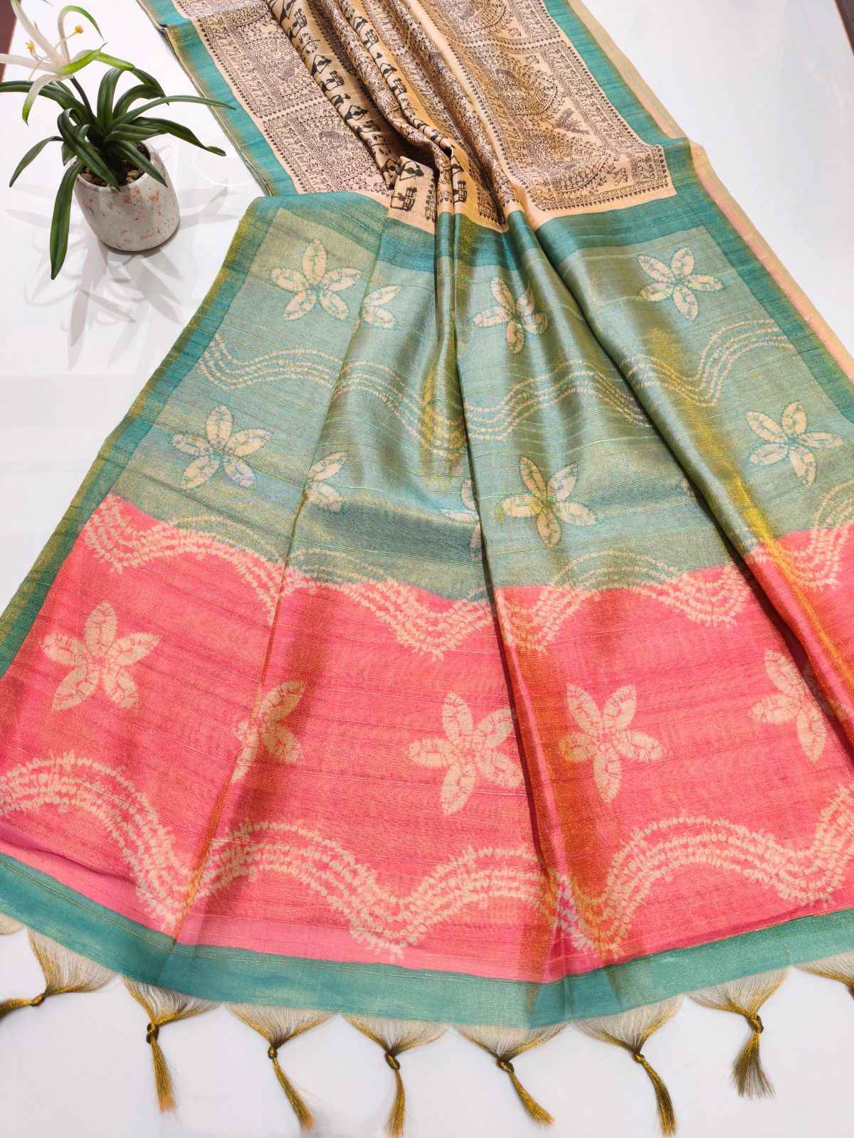 PREMIUM SOFT TISSUE TUSSAR SILK WARLI FLOWERS PRINTED SAREE AT WHOLESALE PRICE