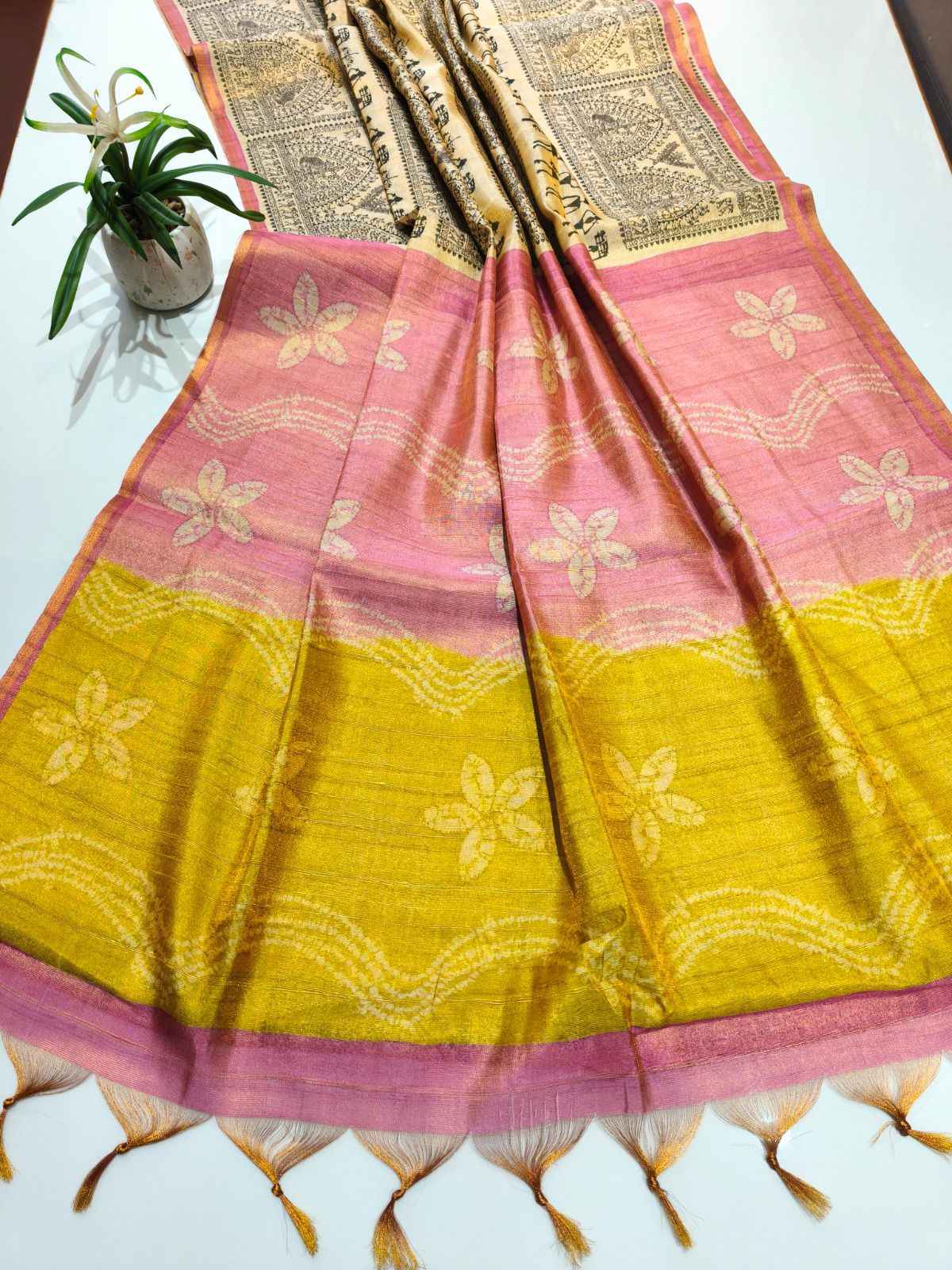 PREMIUM SOFT TISSUE TUSSAR SILK WARLI FLOWERS PRINTED SAREE AT WHOLESALE PRICE