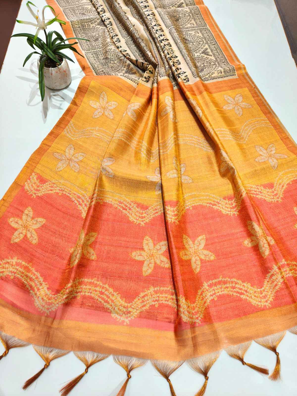 PREMIUM SOFT TISSUE TUSSAR SILK WARLI FLOWERS PRINTED SAREE AT WHOLESALE PRICE