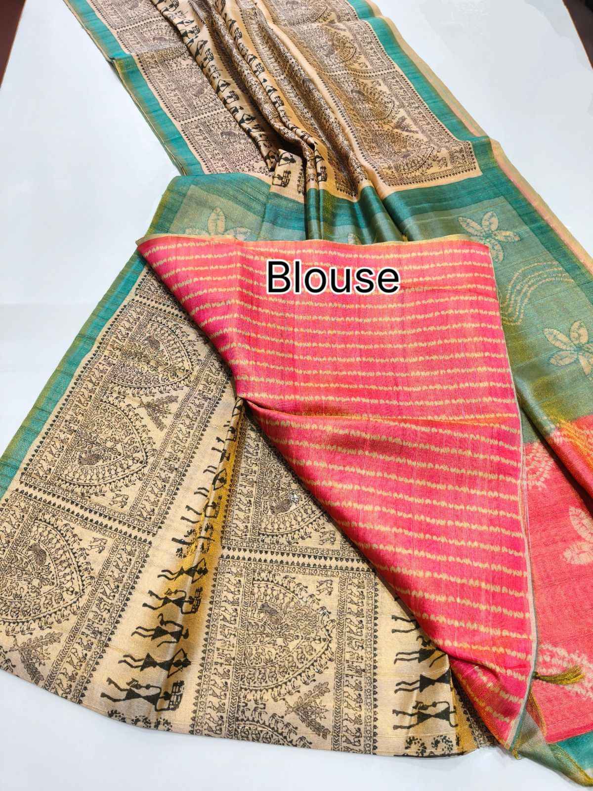 PREMIUM SOFT TISSUE TUSSAR SILK WARLI FLOWERS PRINTED SAREE AT WHOLESALE PRICE