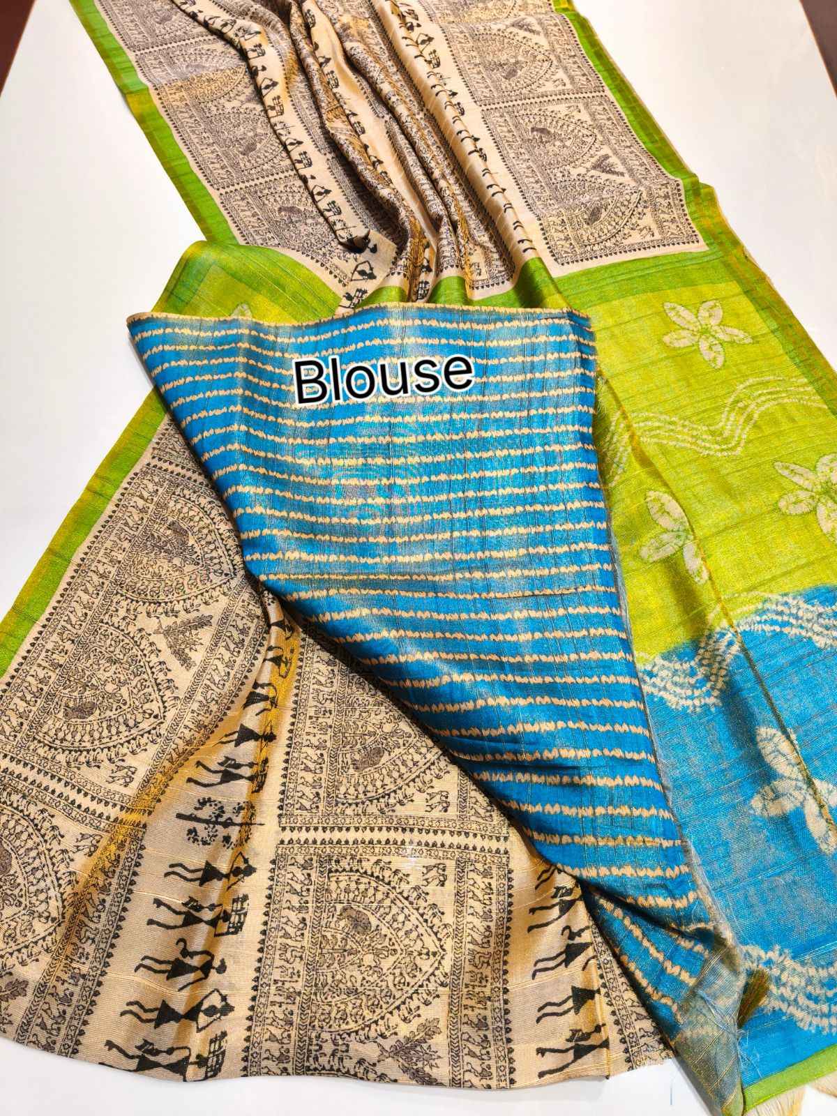 PREMIUM SOFT TISSUE TUSSAR SILK WARLI FLOWERS PRINTED SAREE AT WHOLESALE PRICE