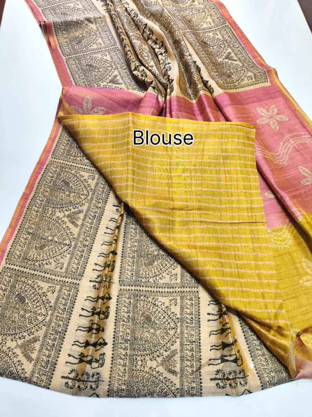 PREMIUM SOFT TISSUE TUSSAR SILK WARLI FLOWERS PRINTED SAREE AT WHOLESALE PRICE