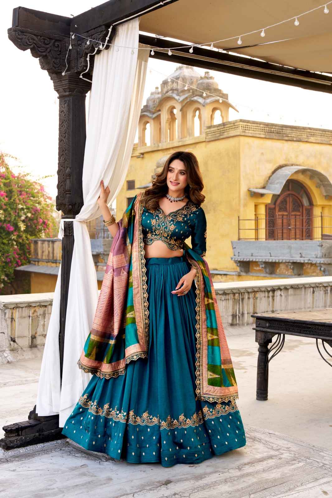 VICHITRA SILK SEQUINS AND THREAD EMBROIDERY WORK LEHENGA CHOLI 1 AT WHOLESALE PRICE