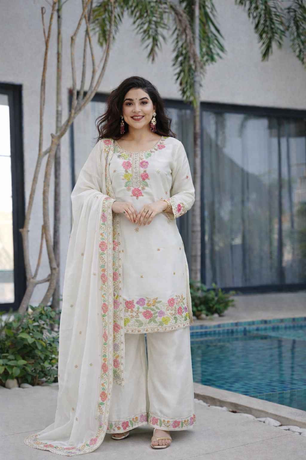 DESIGNER PARTYWEAR JIMI CHO BEADS EMBROIDERY WORK READYMADE PAKISTANI SUIT AT WHOLESALE PRICE