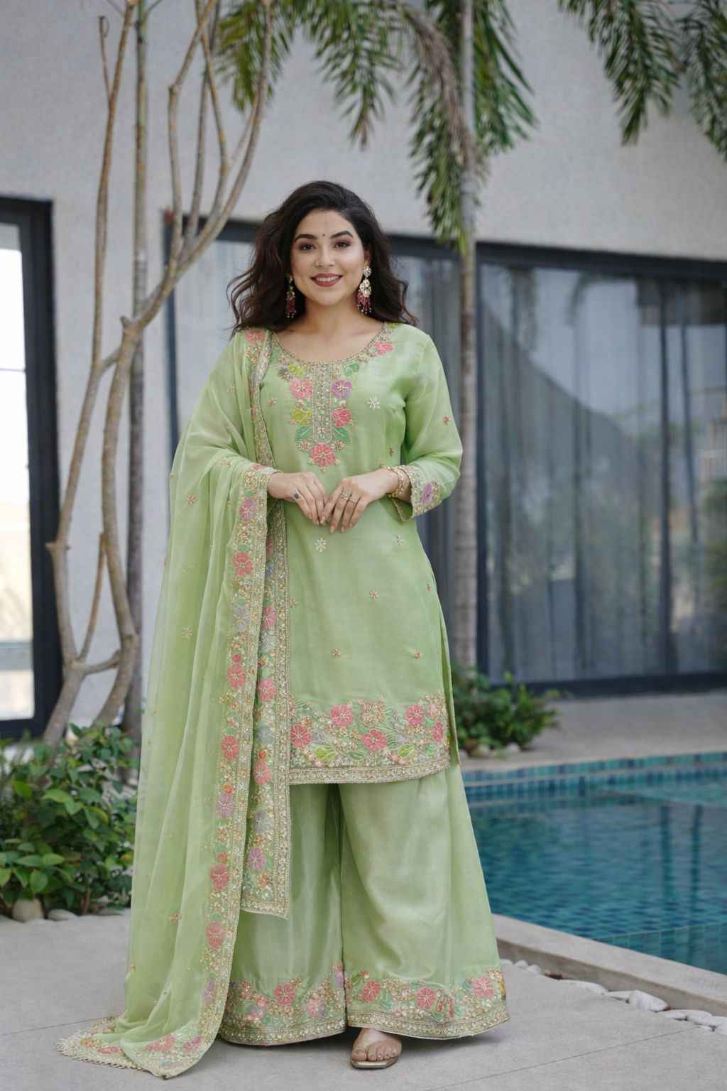 DESIGNER PARTYWEAR JIMI CHO BEADS EMBROIDERY WORK READYMADE PAKISTANI SUIT AT WHOLESALE PRICE