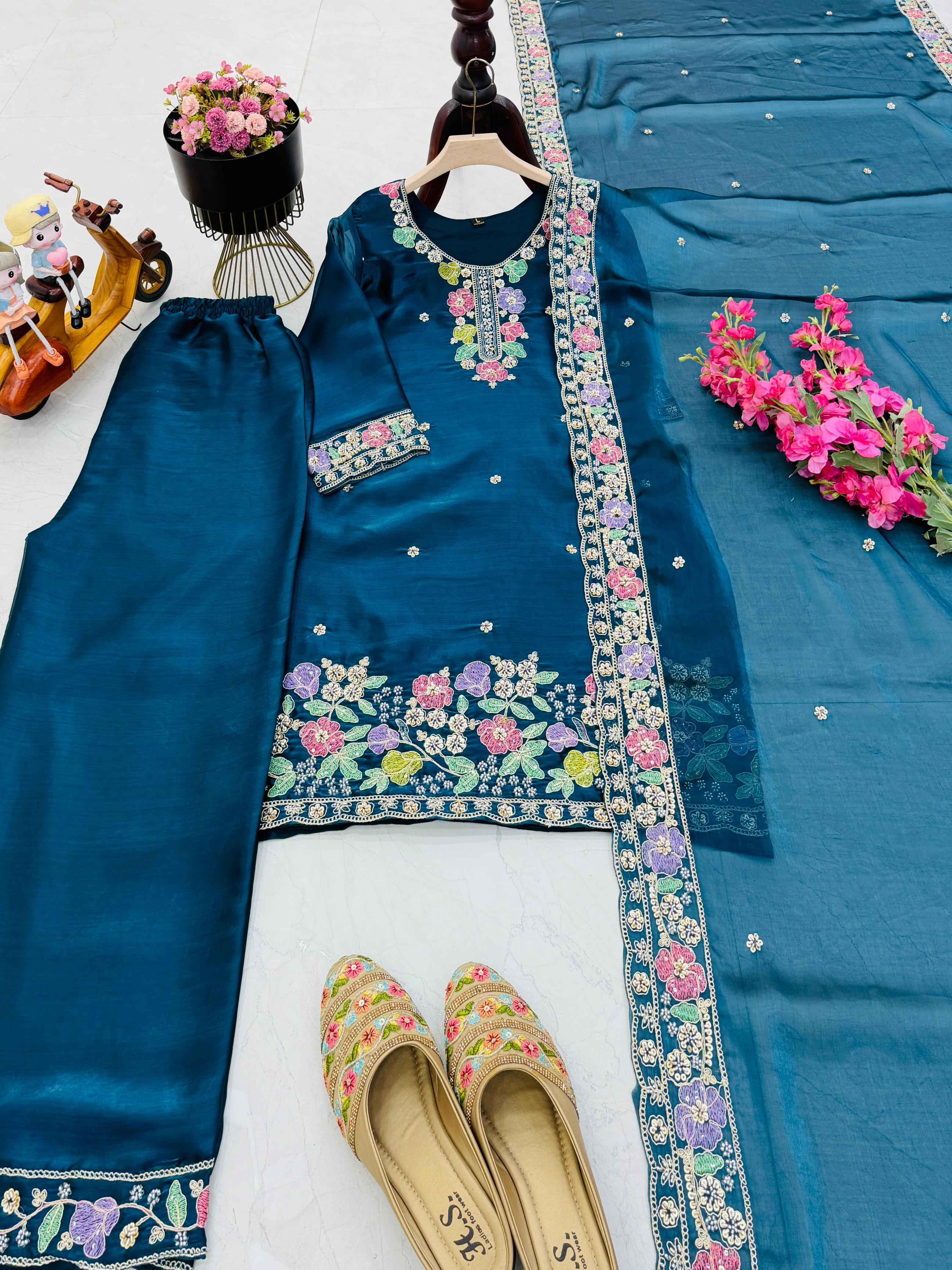 DESIGNER PARTYWEAR JIMI CHO BEADS EMBROIDERY WORK READYMADE PAKISTANI SUIT AT WHOLESALE PRICE