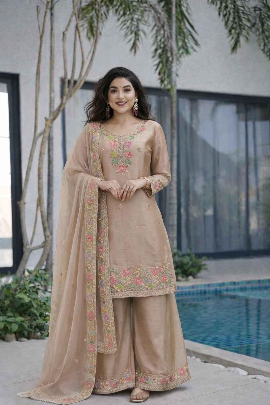 DESIGNER PARTYWEAR JIMI CHO BEADS EMBROIDERY WORK READYMADE PAKISTANI SUIT AT WHOLESALE PRICE