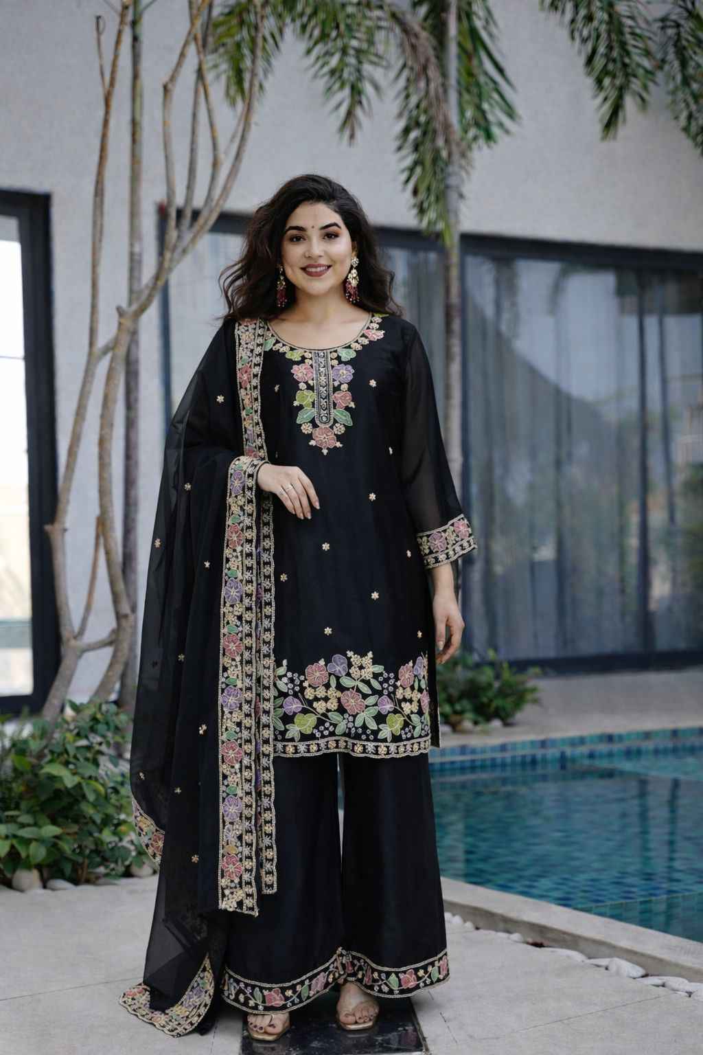 DESIGNER PARTYWEAR JIMI CHO BEADS EMBROIDERY WORK READYMADE PAKISTANI SUIT AT WHOLESALE PRICE