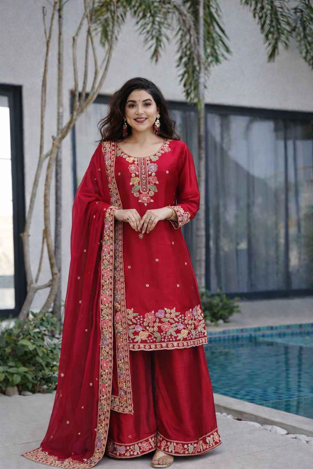 DESIGNER PARTYWEAR JIMI CHO BEADS EMBROIDERY WORK READYMADE PAKISTANI SUIT AT WHOLESALE PRICE