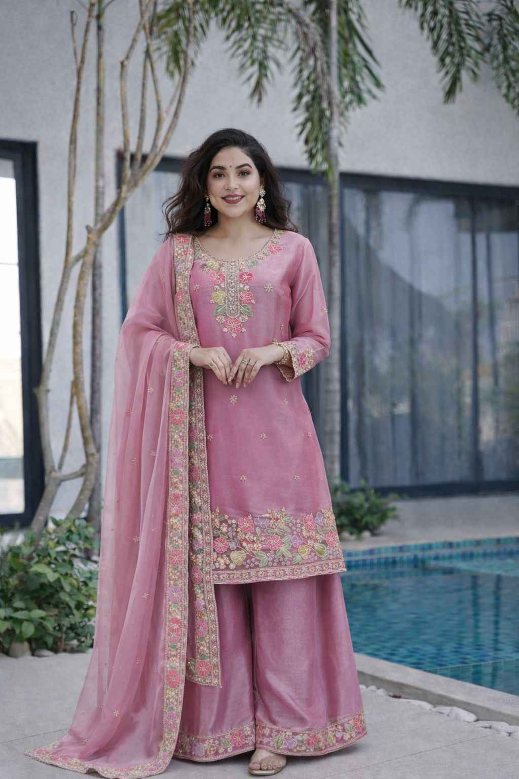 DESIGNER PARTYWEAR JIMI CHO BEADS EMBROIDERY WORK READYMADE PAKISTANI SUIT AT WHOLESALE PRICE