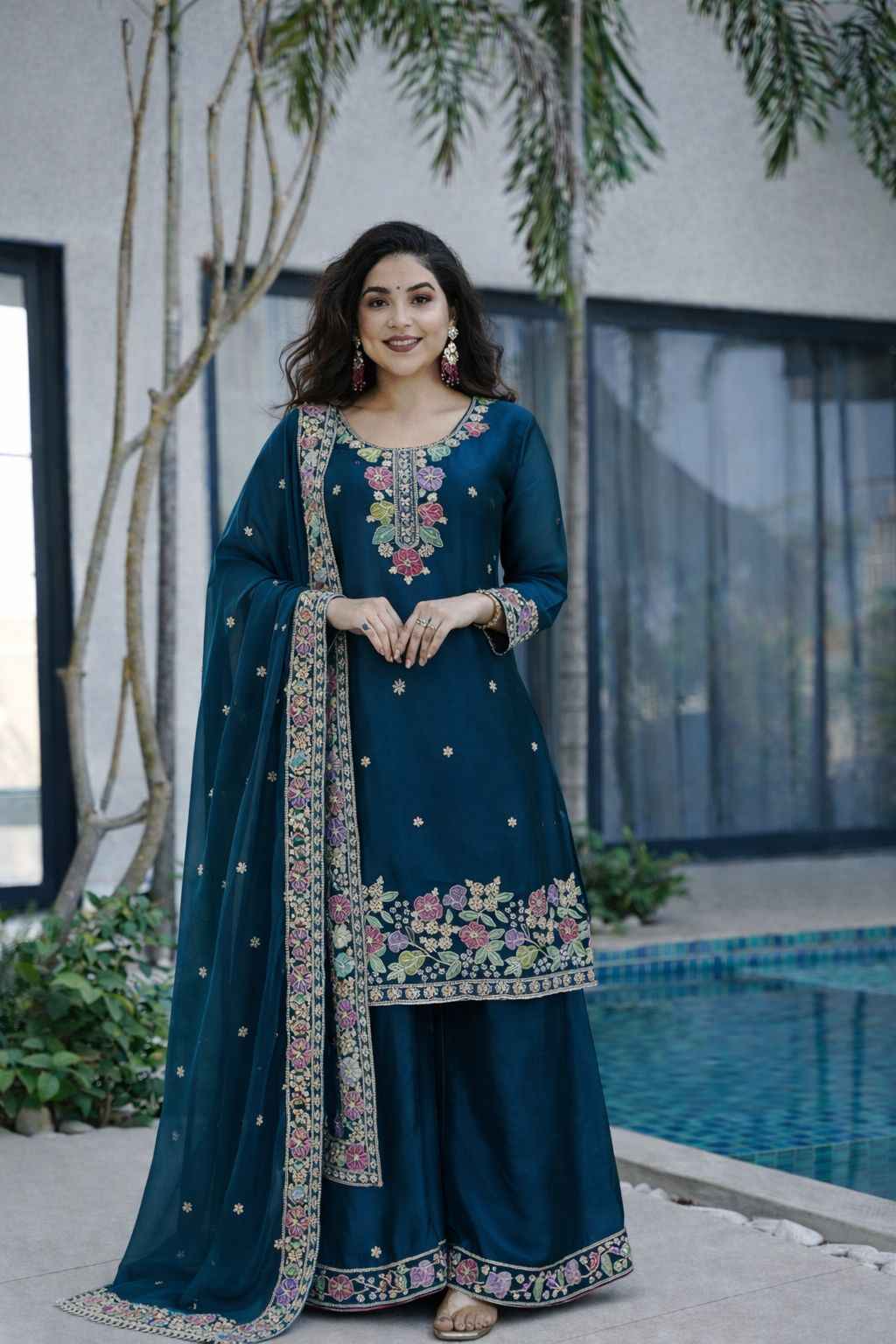 DESIGNER PARTYWEAR JIMI CHO BEADS EMBROIDERY WORK READYMADE PAKISTANI SUIT AT WHOLESALE PRICE