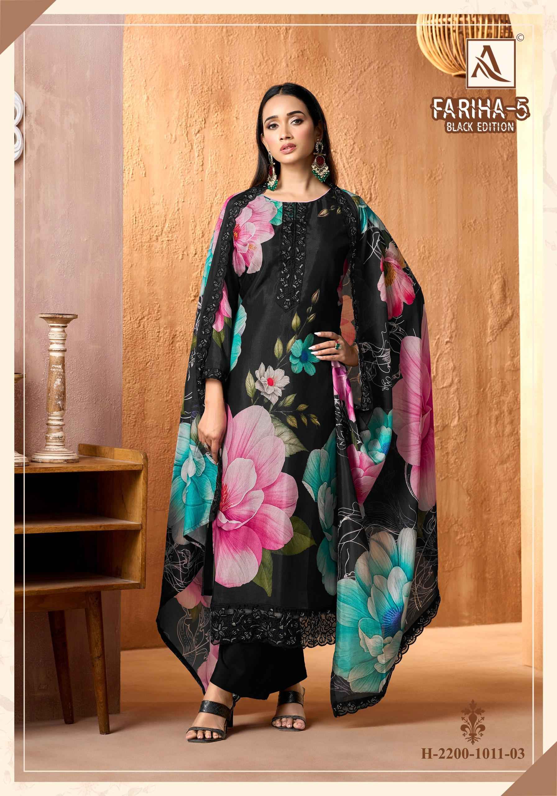 ALOK FARIHA VOL-5 MASLIN DIGITAL DESIGNER PRINTED WITH EMBROIDERY DRESS MATERIAL AT WHOLESALE PRICE