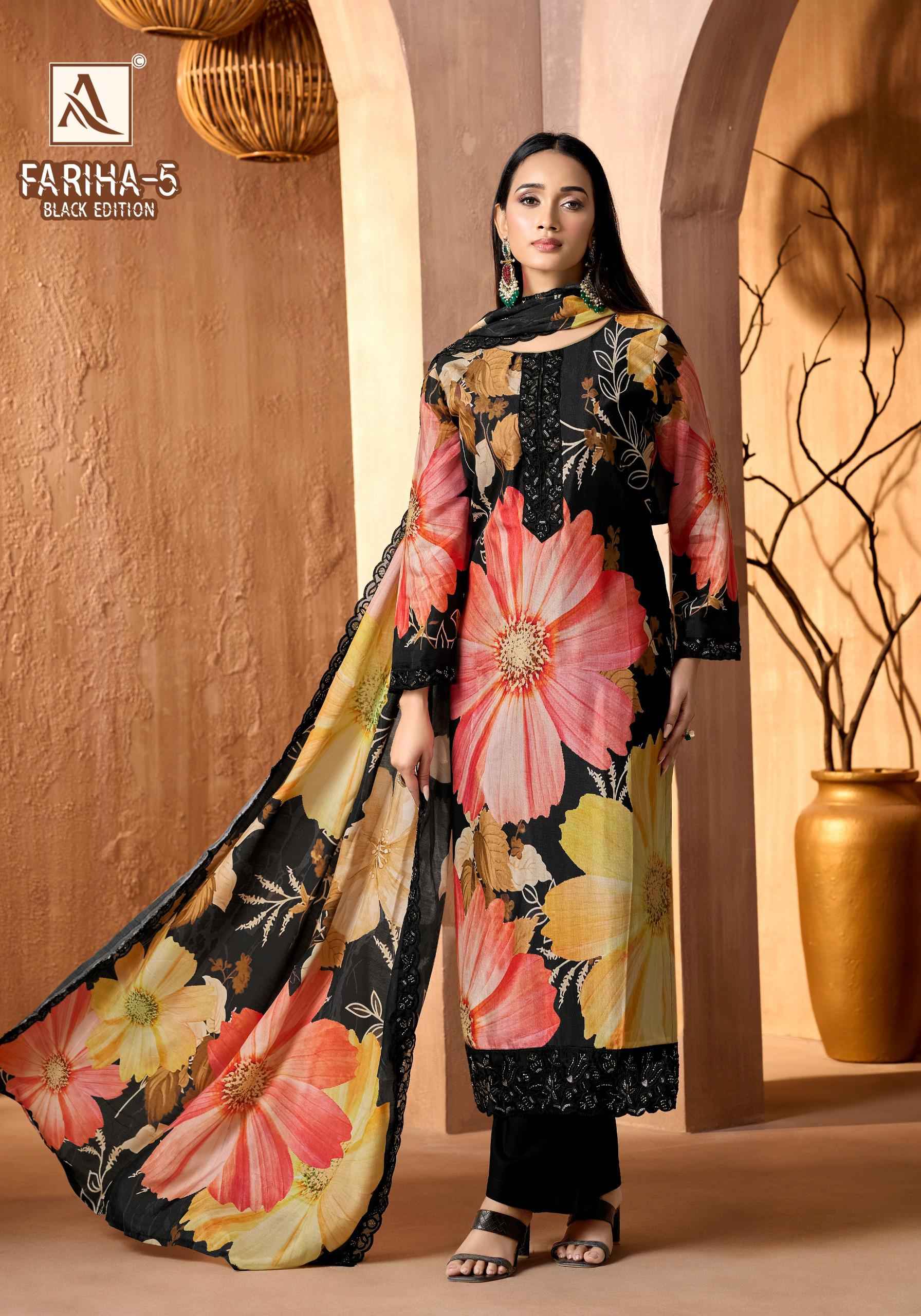 ALOK FARIHA VOL-5 MASLIN DIGITAL DESIGNER PRINTED WITH EMBROIDERY DRESS MATERIAL AT WHOLESALE PRICE