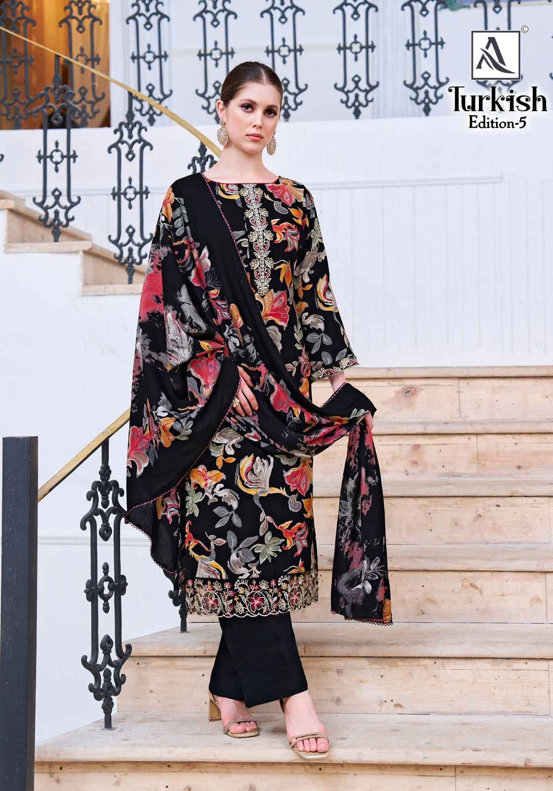 ALOK TURKISH VOL-5 PURE VISCOSE REYON PRINT EMBROIDERY WORK DRESS MATERIAL AT WHOLESALE PRICE 