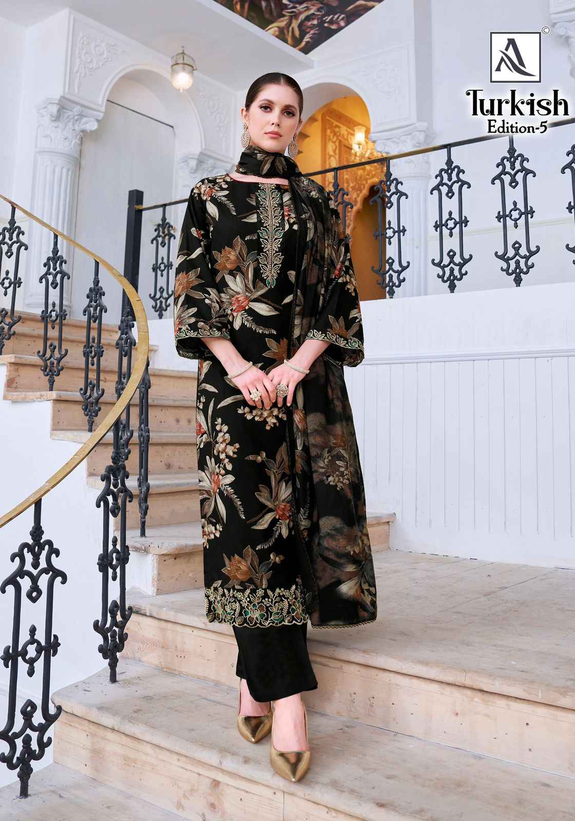 ALOK TURKISH VOL-5 PURE VISCOSE REYON PRINT EMBROIDERY WORK DRESS MATERIAL AT WHOLESALE PRICE 