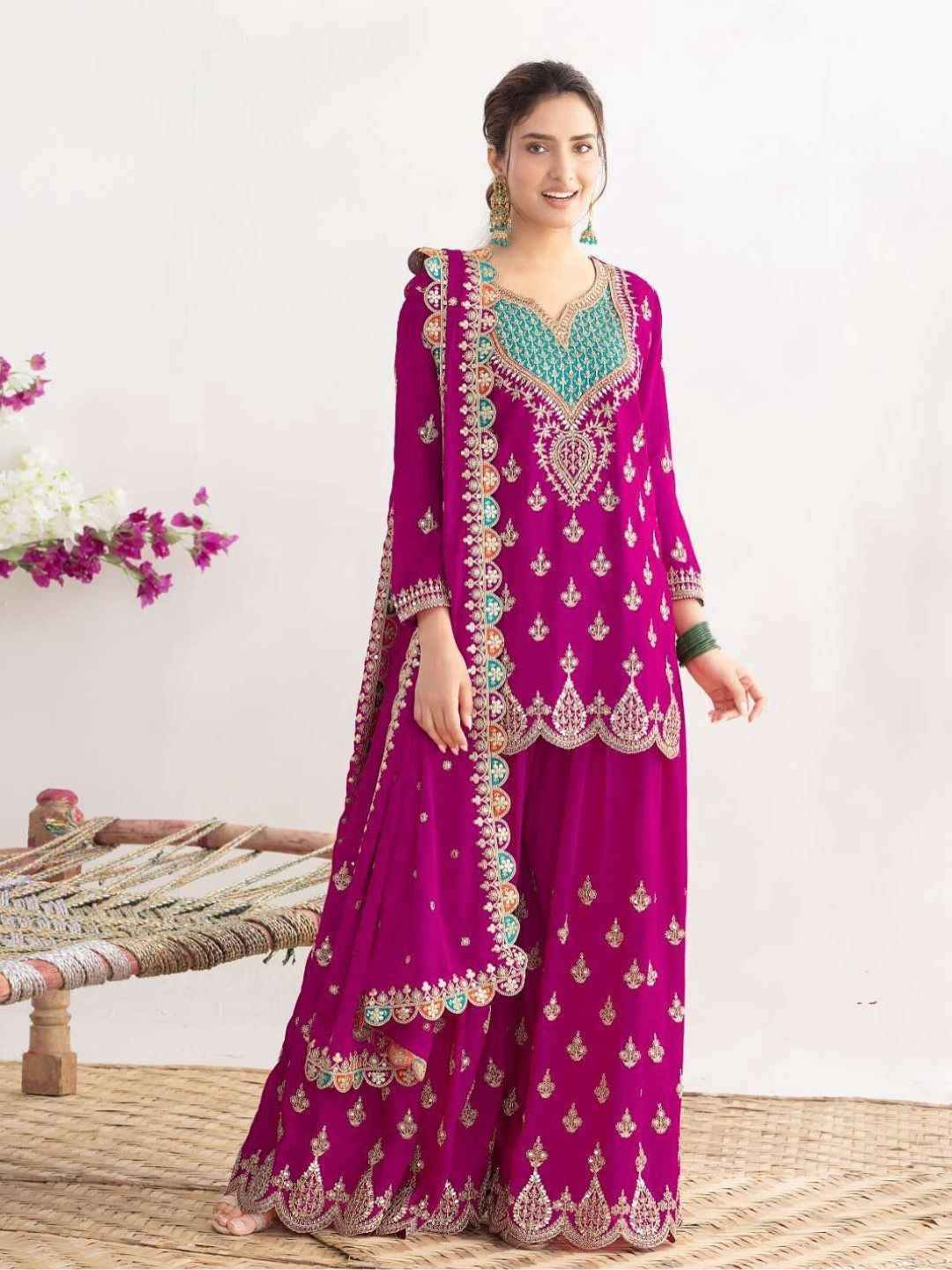 CHINON SILK EMBROIDERY CODDING SEQUENCE WORK DESIGNER READYMADE SUIT AT WHOLESALE PRICE