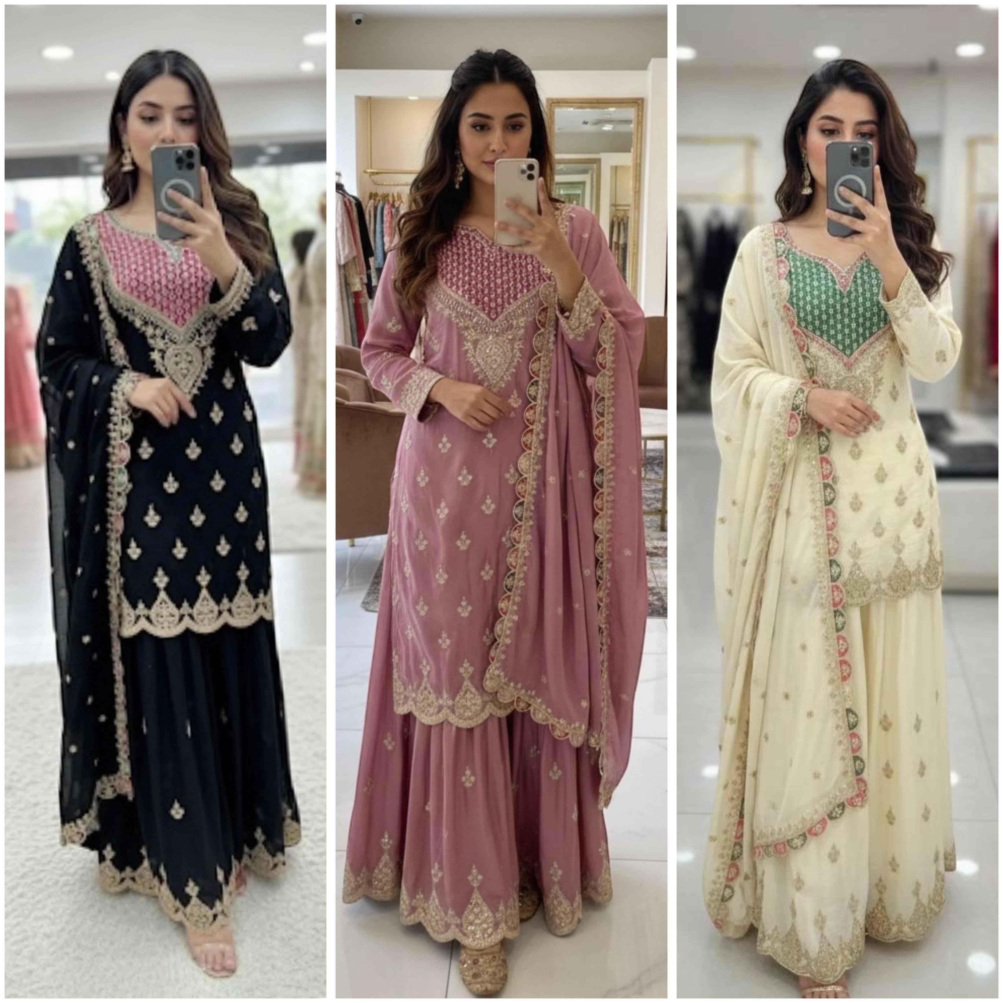 CHINON SILK EMBROIDERY CODDING SEQUENCE WORK DESIGNER READYMADE SUIT AT WHOLESALE PRICE