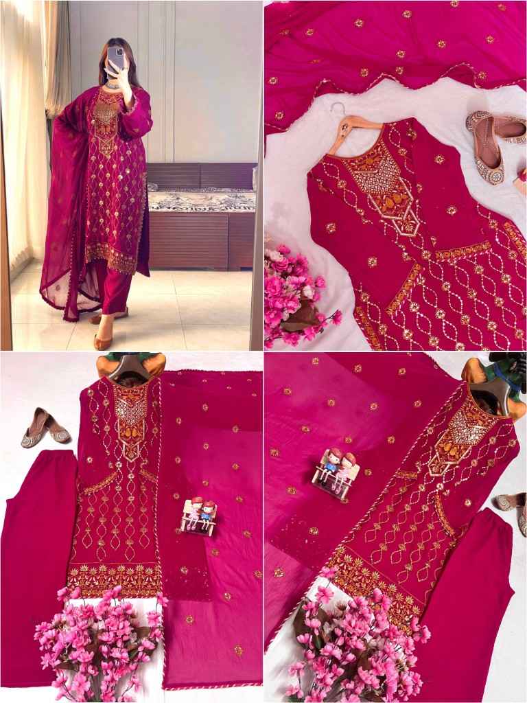 FUAX GEORGETTE SEQUENCE EMBROIDERY PEARL MOTI WORK PAKISTANI READYMADE SUIT AT WHOLESALE PRICE