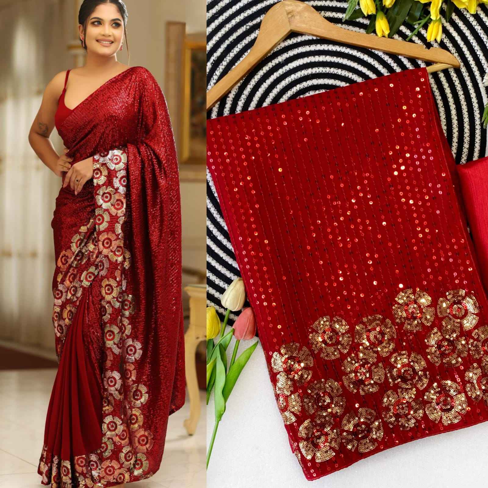 HEAVY 60 GRAM GEORGETTE SEQUENCE WORK SAREE AT WHOLESALE PRICE