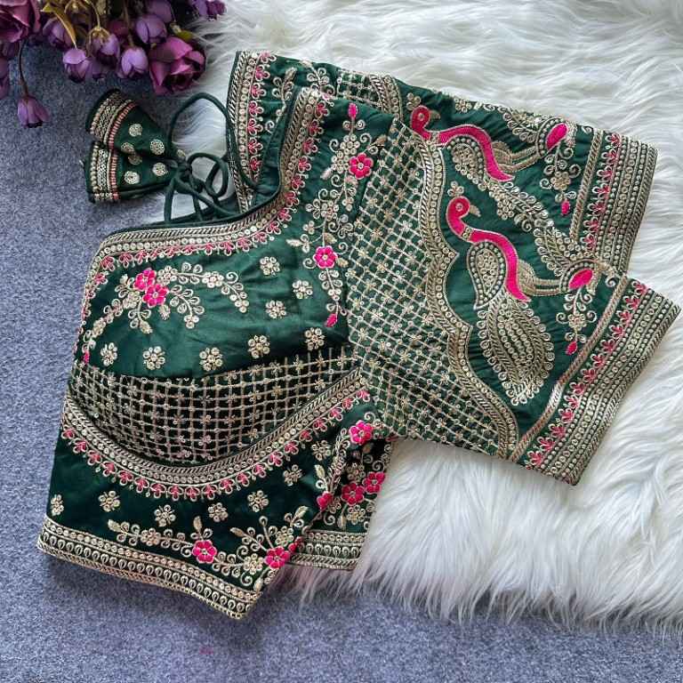 HEAVY PURE SOFT ROMAN SILK EMBROIDERY WORK BRIDAL READYMADE BLOUSE AT WHOLESALE PRICE