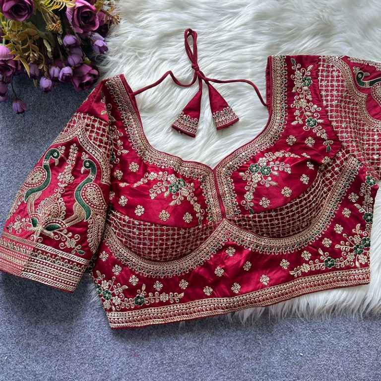 HEAVY PURE SOFT ROMAN SILK EMBROIDERY WORK BRIDAL READYMADE BLOUSE AT WHOLESALE PRICE