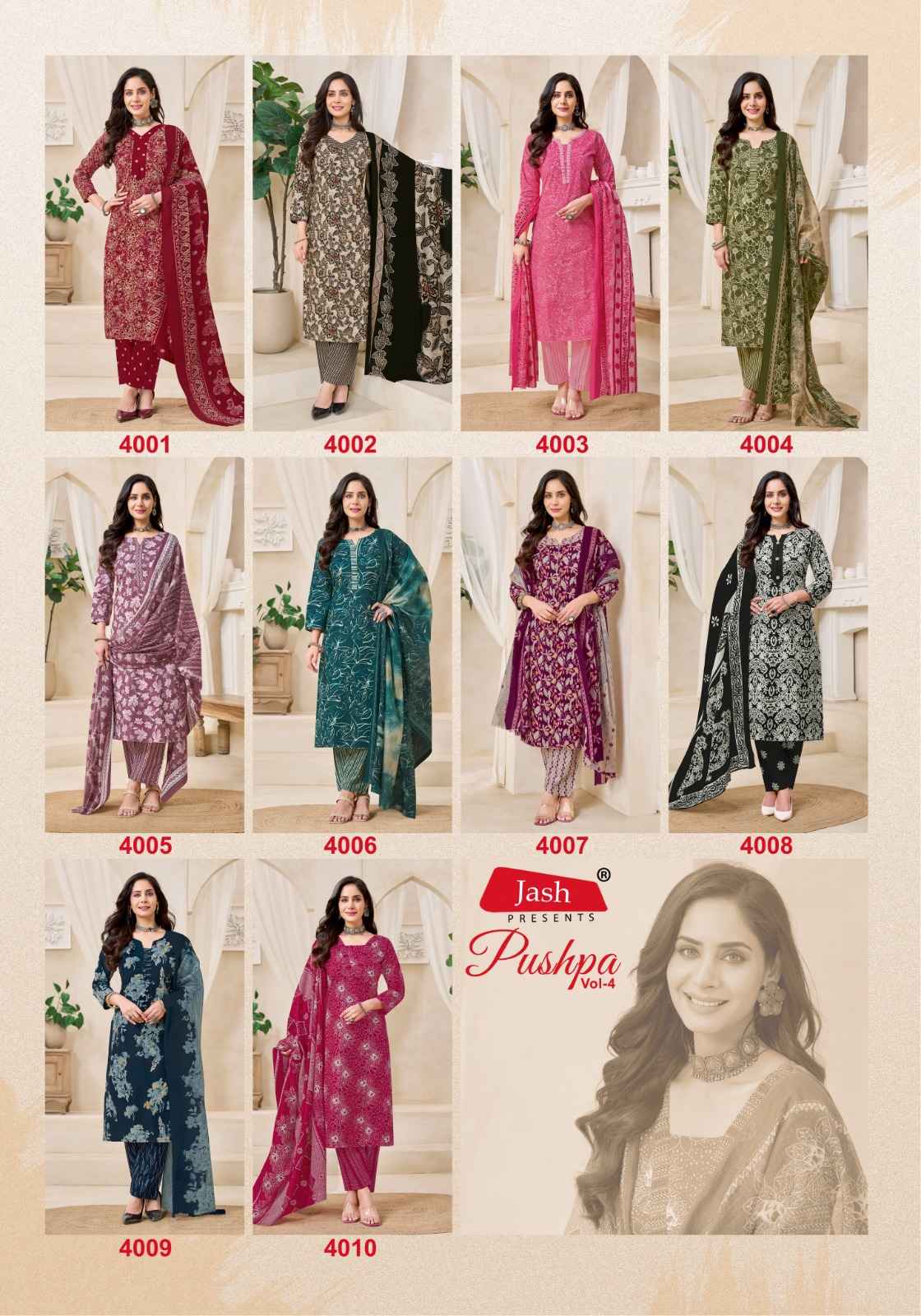 JASH PUSHPA VOL-4 PURE COTTON DRESS MATERIAL AT WHOLESALE PRICE
