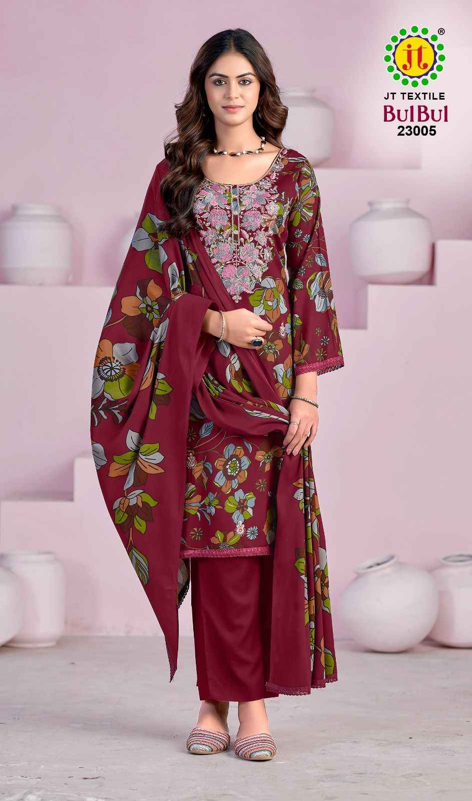 JT BULBUL VOL-23 RAYON PREMIUM EMBROIDERY WORK DRESS MATERIAL AT WHOLESALE PRICE