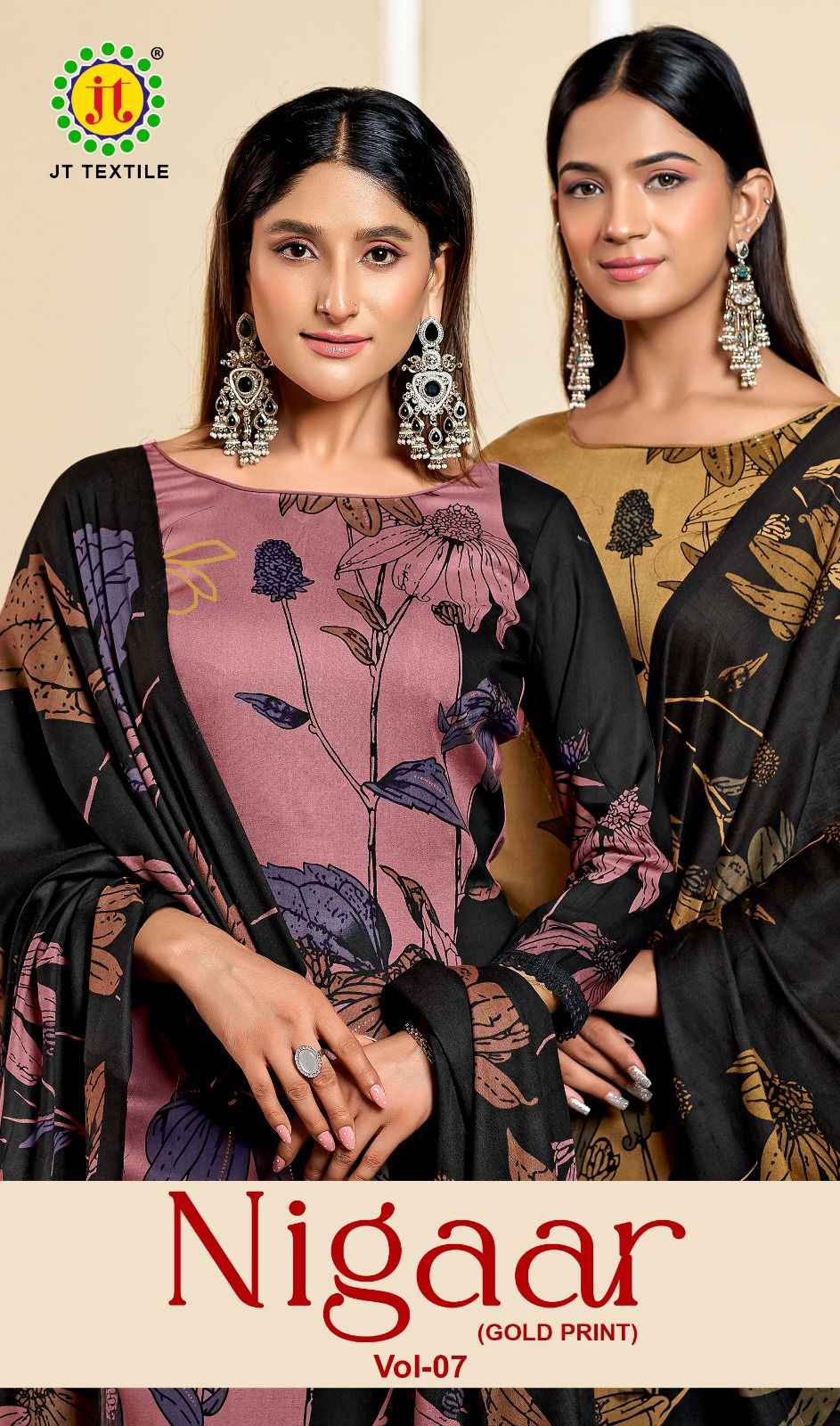 JT NIGAAR VOL-7 RAYON FABRIC WITH GOLD PRINT DRESS MATERIAL AT WHOLESALE PRICE