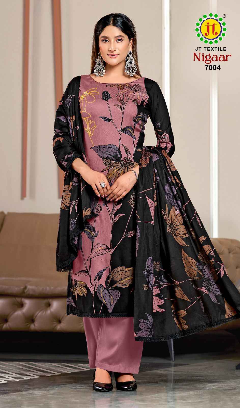 JT NIGAAR VOL-7 RAYON FABRIC WITH GOLD PRINT DRESS MATERIAL AT WHOLESALE PRICE