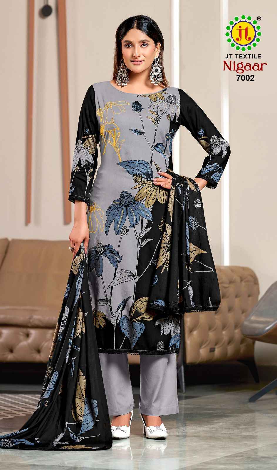 JT NIGAAR VOL-7 RAYON FABRIC WITH GOLD PRINT DRESS MATERIAL AT WHOLESALE PRICE