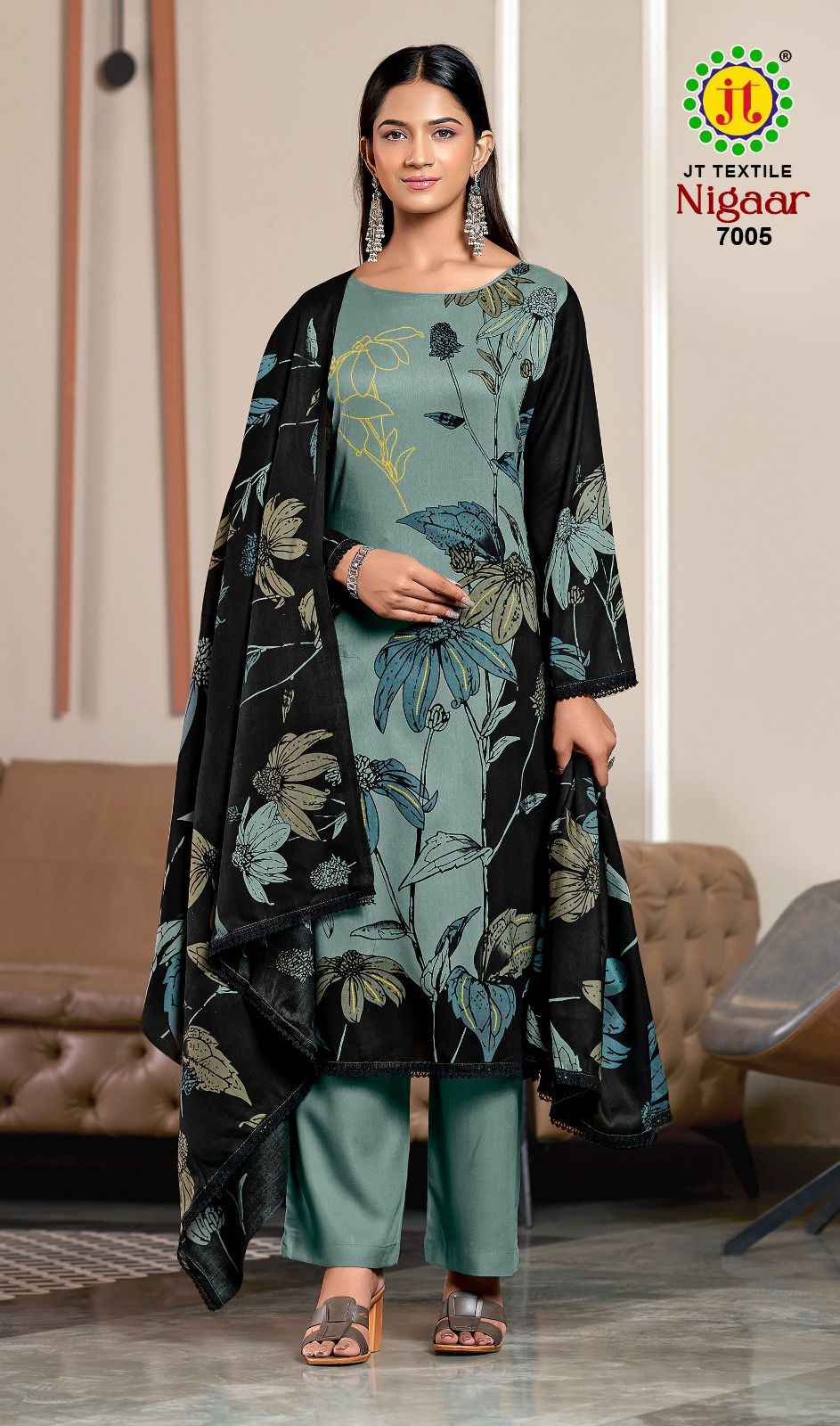 JT NIGAAR VOL-7 RAYON FABRIC WITH GOLD PRINT DRESS MATERIAL AT WHOLESALE PRICE