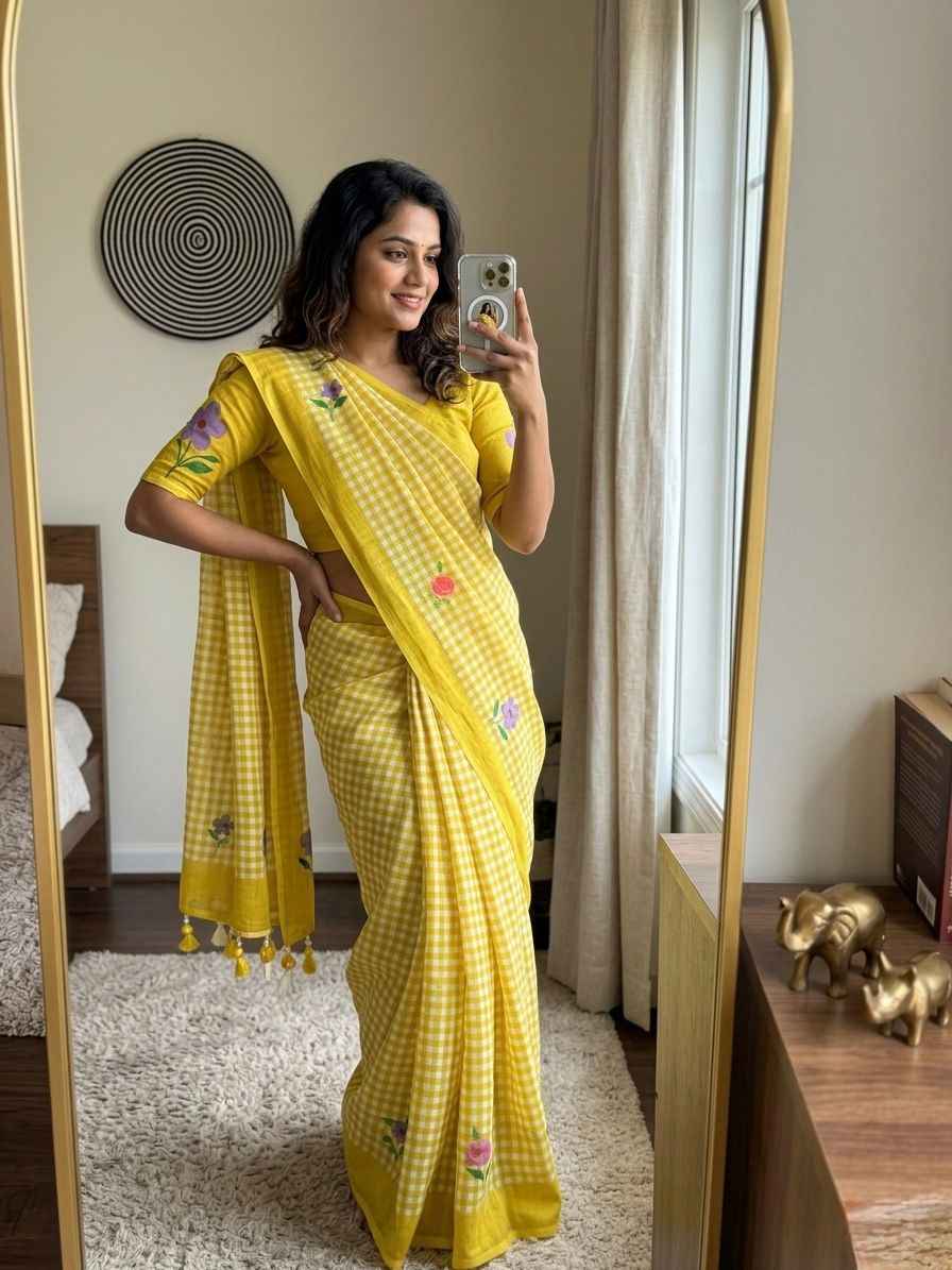 SOFT LINEN COTTON CHEX PRINT FLORAL SAREE AT WHOLESALE PRICE