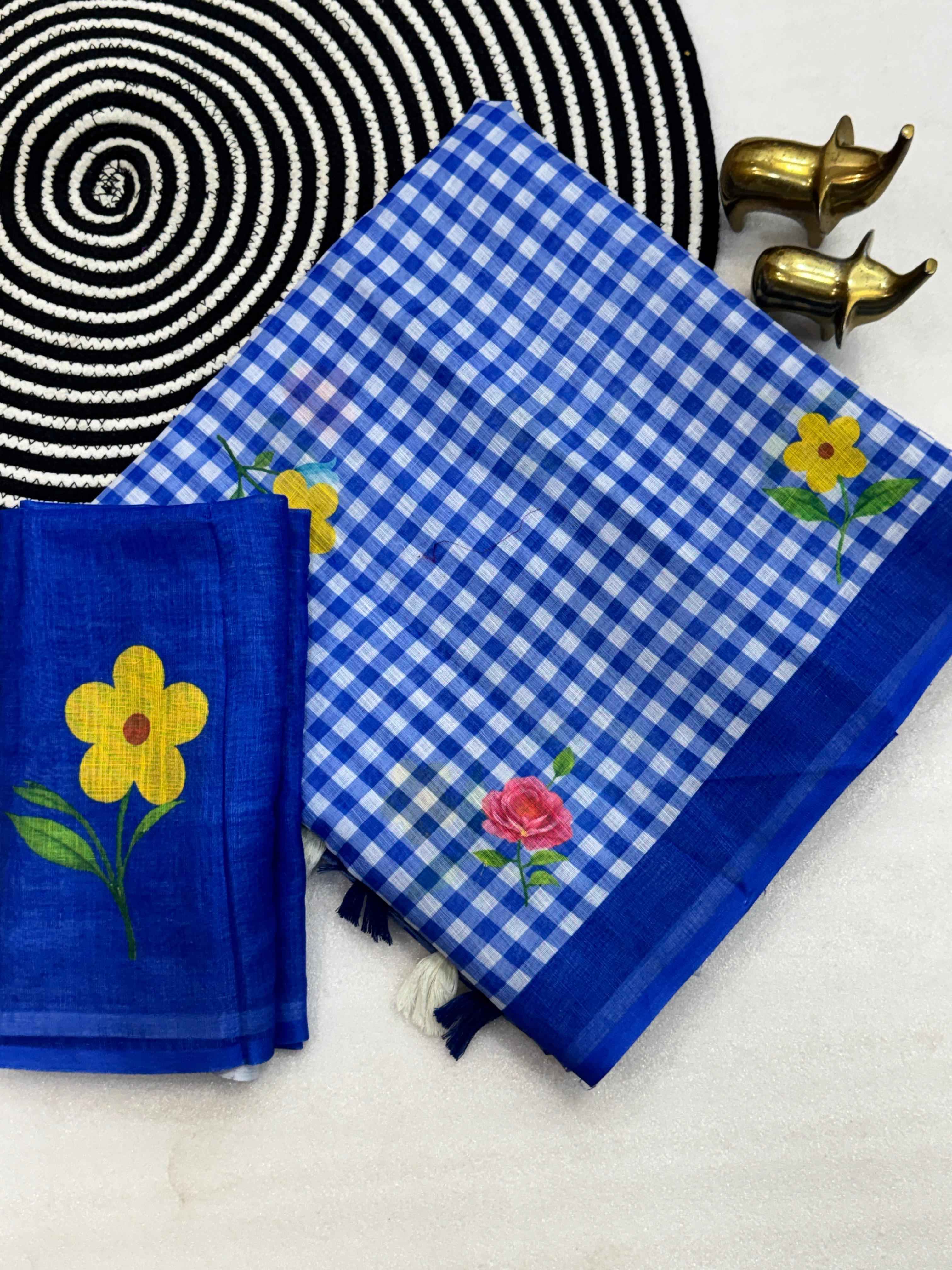 SOFT LINEN COTTON CHEX PRINT FLORAL SAREE AT WHOLESALE PRICE