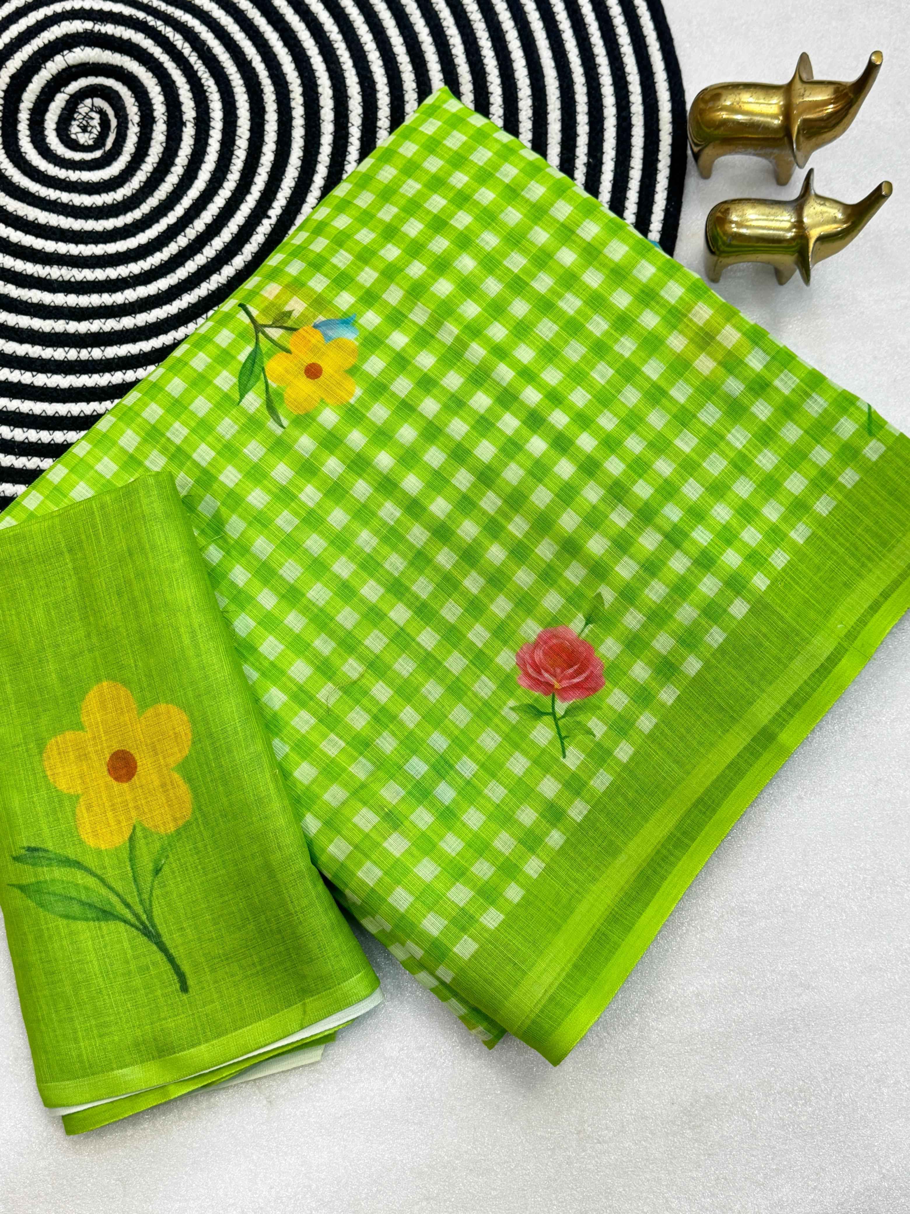 SOFT LINEN COTTON CHEX PRINT FLORAL SAREE AT WHOLESALE PRICE