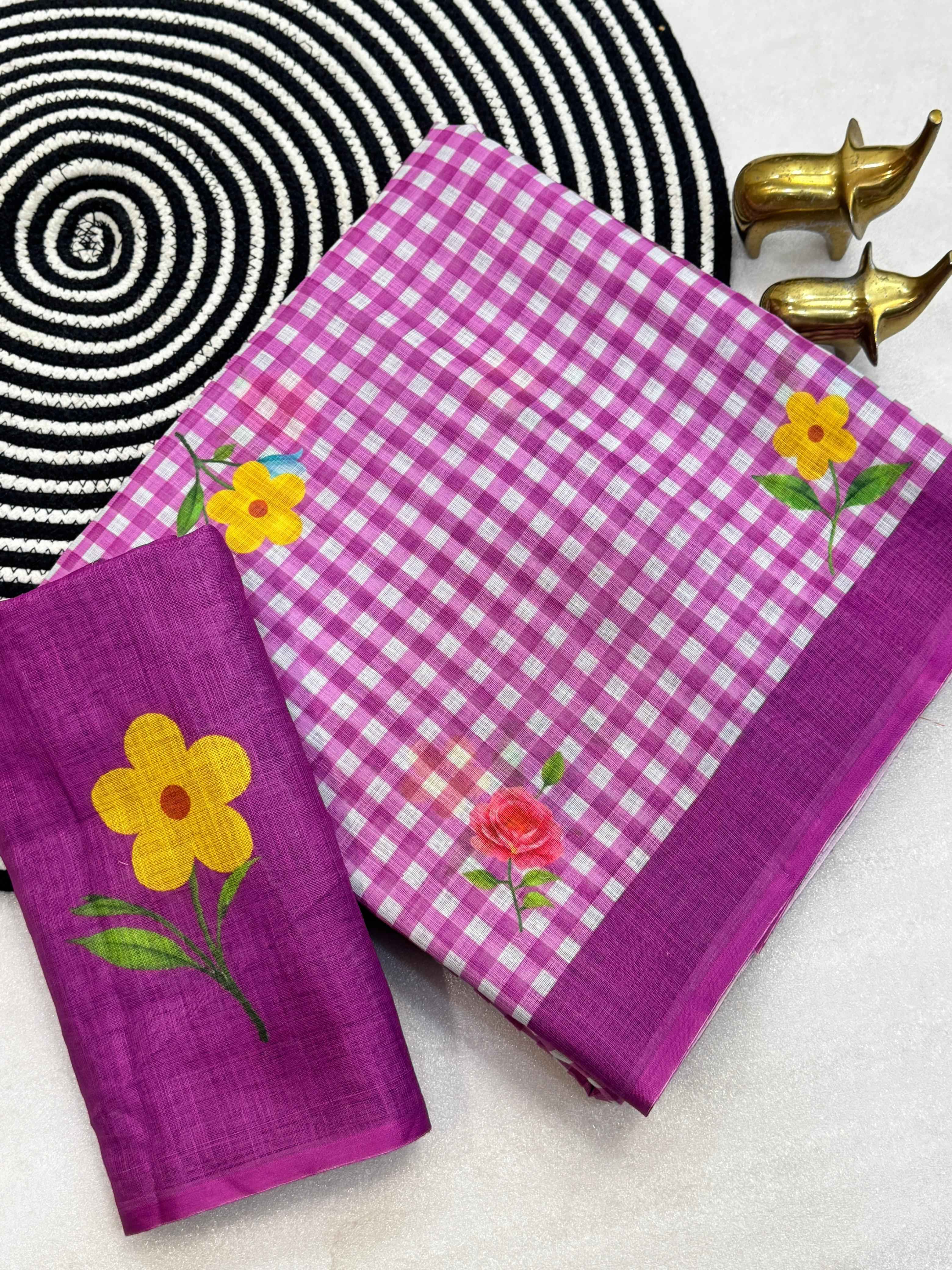 SOFT LINEN COTTON CHEX PRINT FLORAL SAREE AT WHOLESALE PRICE