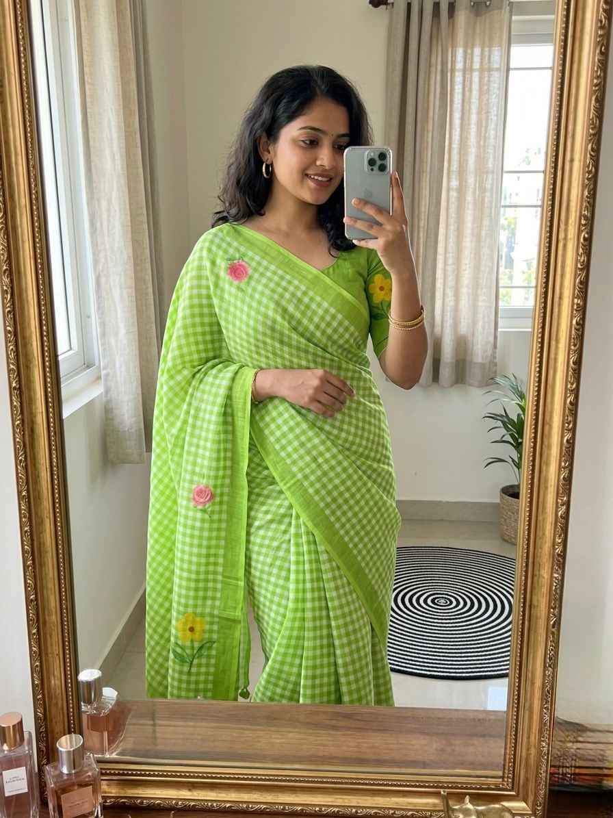 SOFT LINEN COTTON CHEX PRINT FLORAL SAREE AT WHOLESALE PRICE