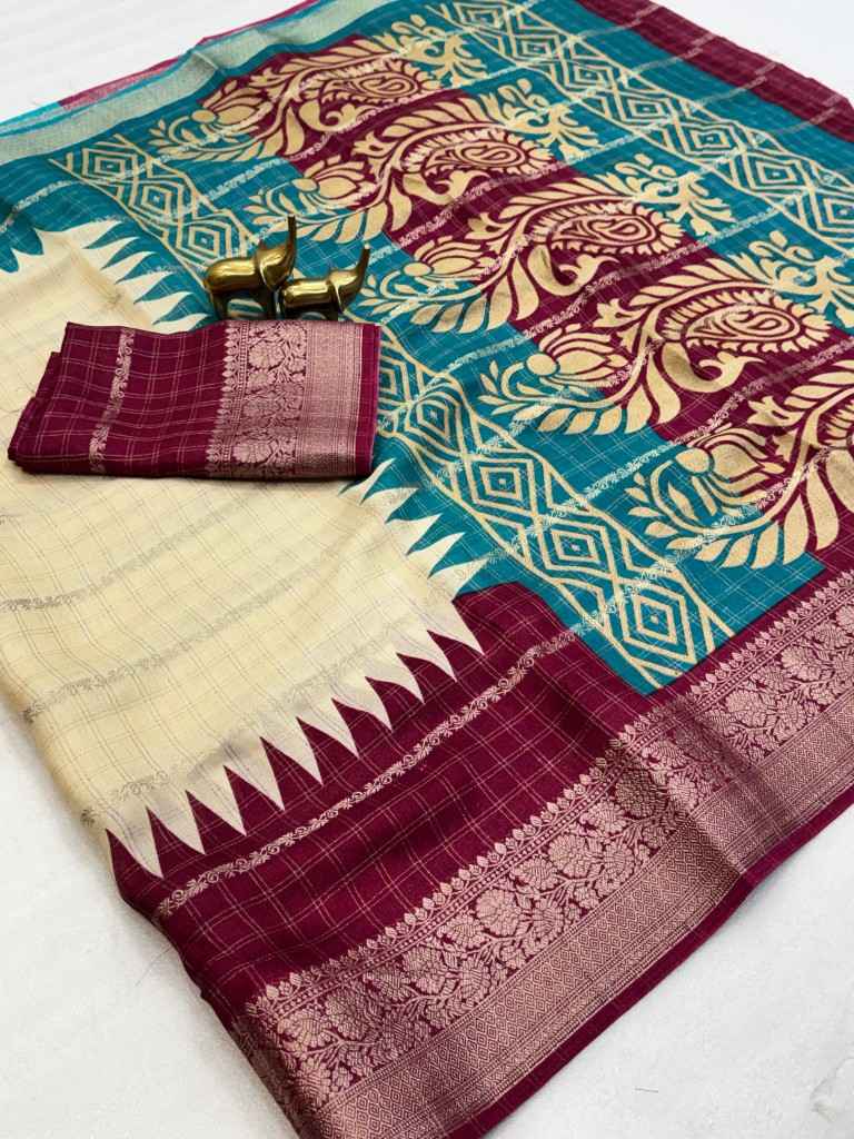 MASSMELLO JARI WEAVING CHEX TEMPLE PRINT SAREE AT WHOLESALE PRICE
