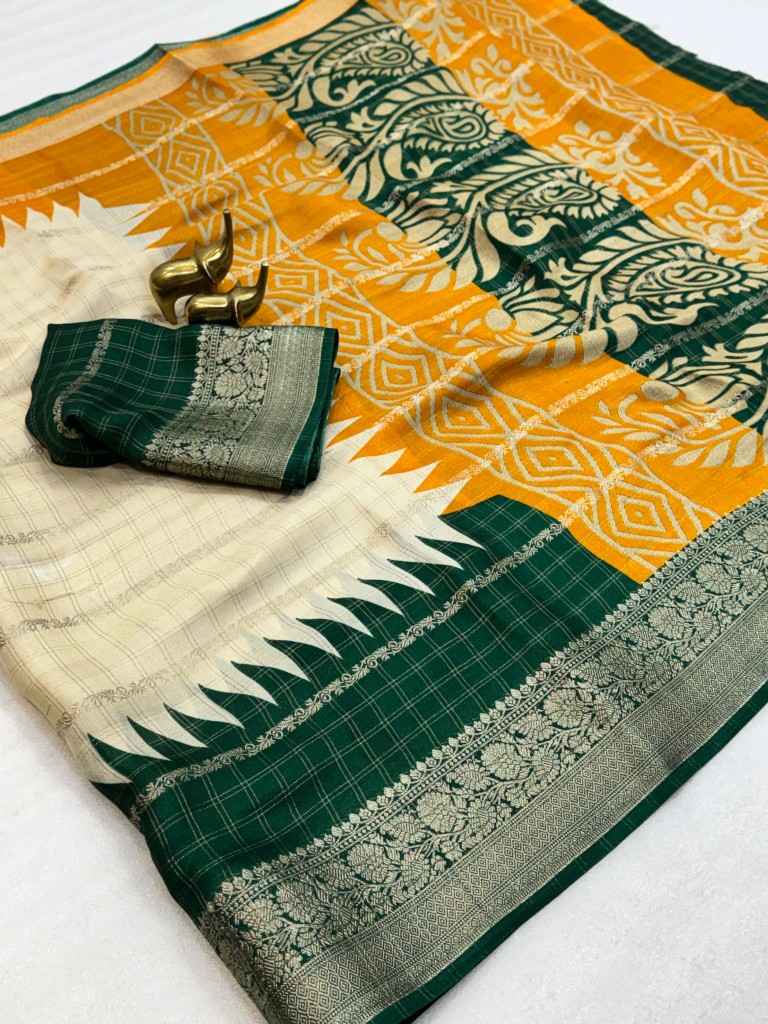 MASSMELLO JARI WEAVING CHEX TEMPLE PRINT SAREE AT WHOLESALE PRICE