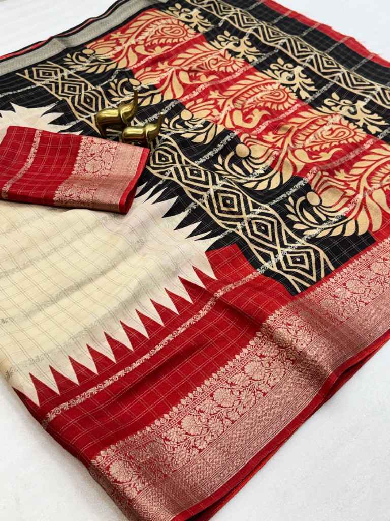 MASSMELLO JARI WEAVING CHEX TEMPLE PRINT SAREE AT WHOLESALE PRICE