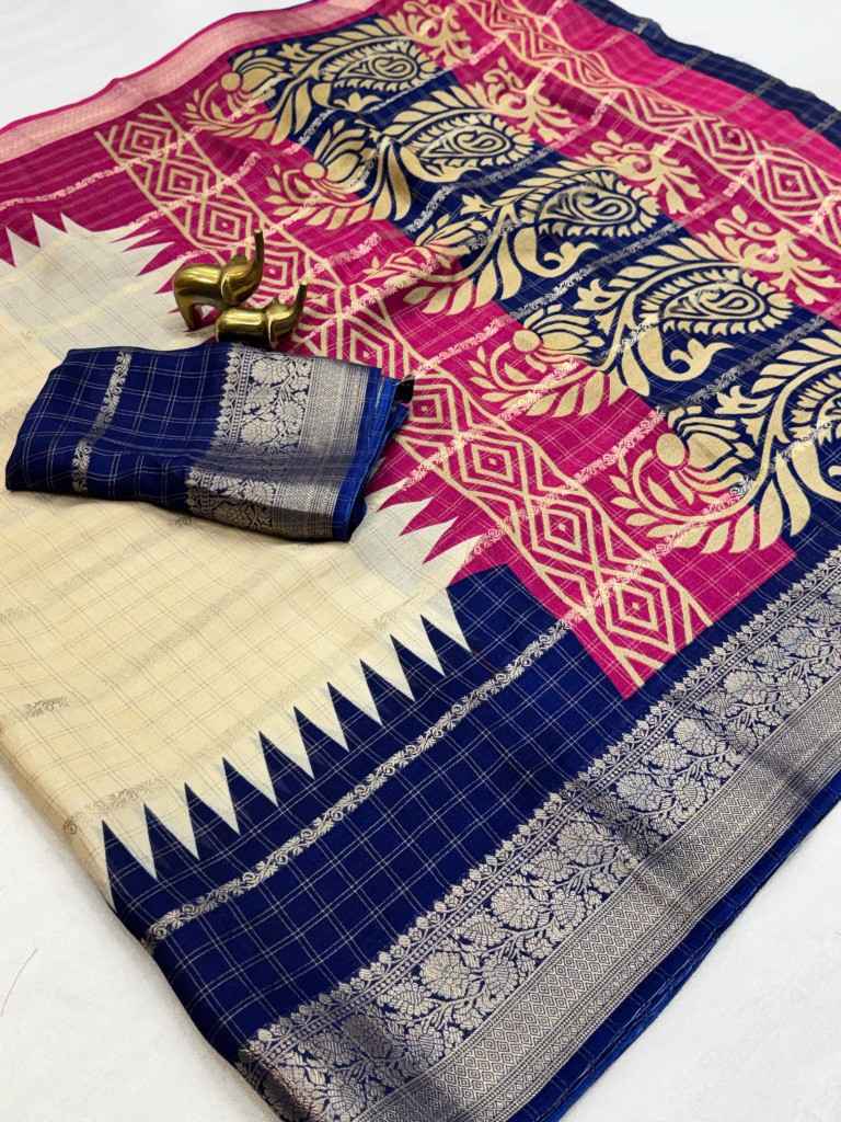 MASSMELLO JARI WEAVING CHEX TEMPLE PRINT SAREE AT WHOLESALE PRICE