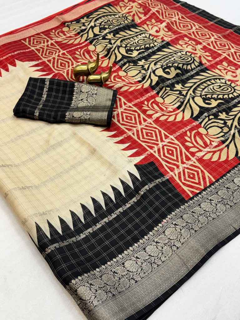 MASSMELLO JARI WEAVING CHEX TEMPLE PRINT SAREE AT WHOLESALE PRICE
