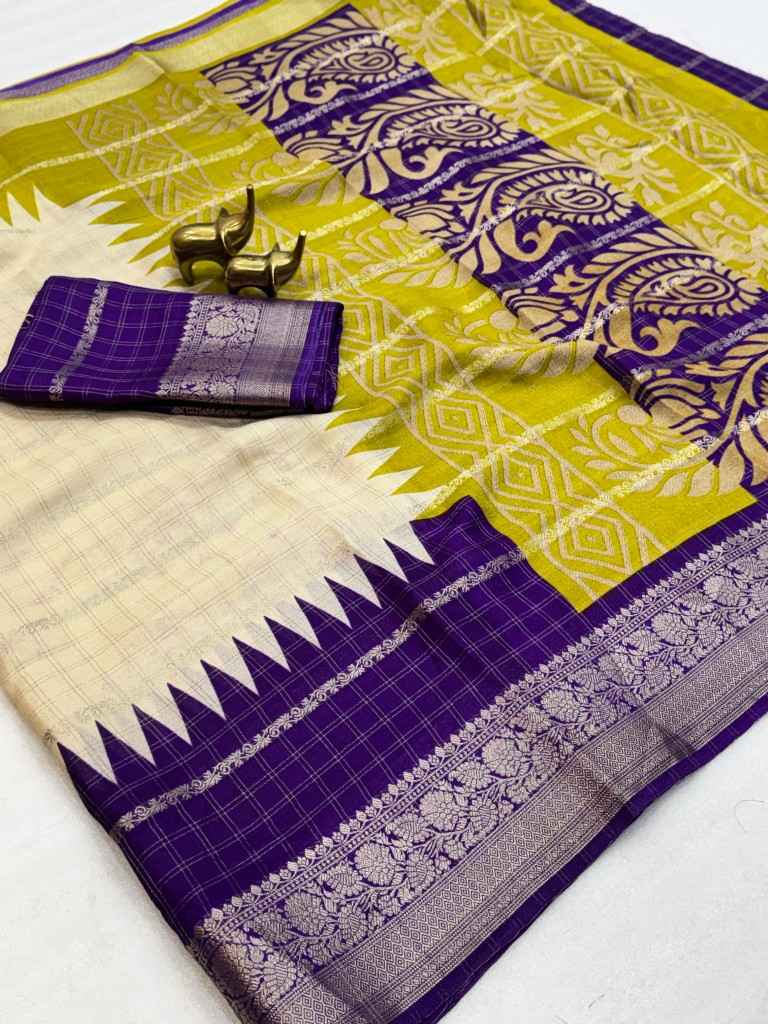 MASSMELLO JARI WEAVING CHEX TEMPLE PRINT SAREE AT WHOLESALE PRICE