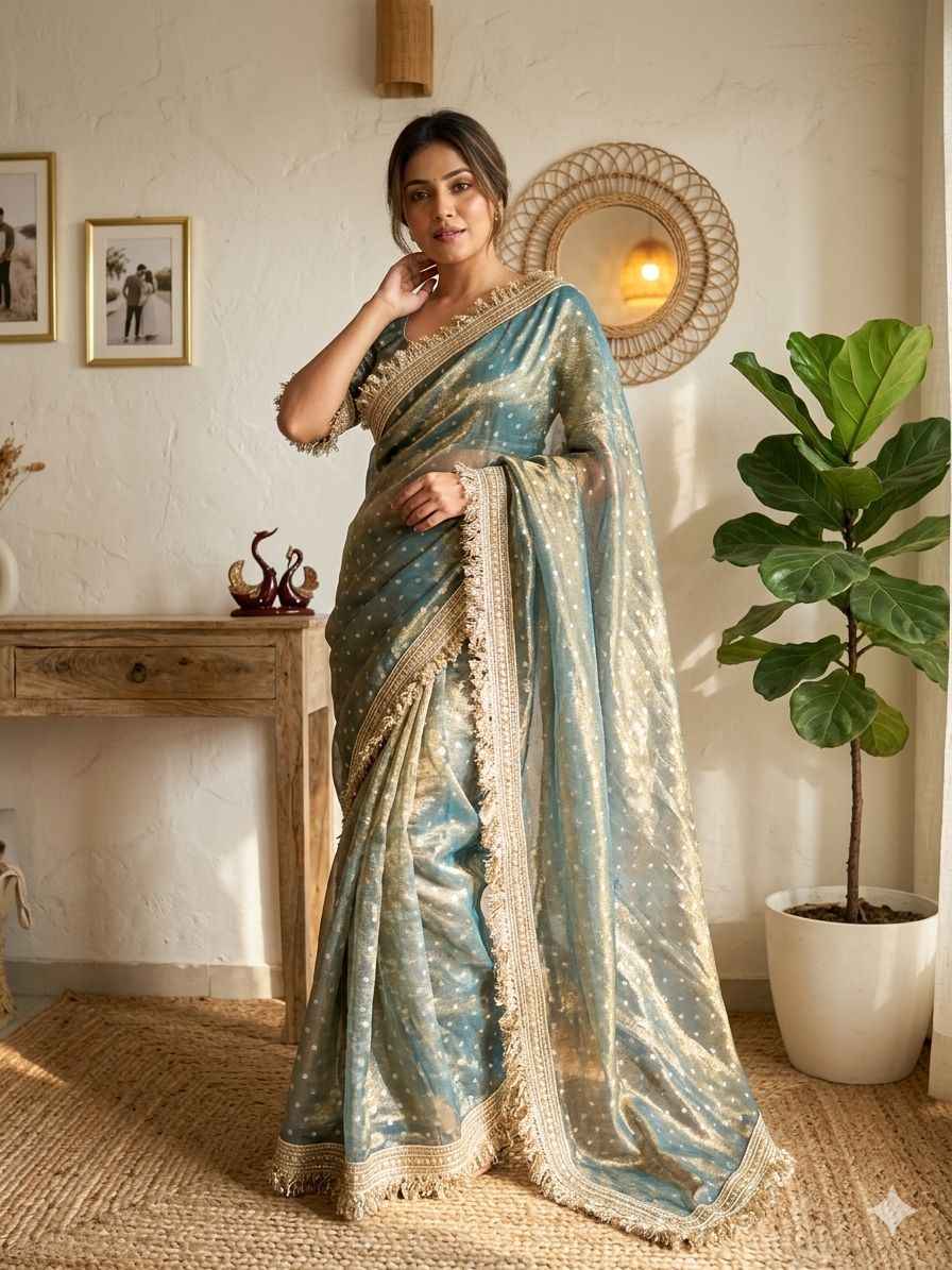 MOSS SILK JACQUARD BUTTI WORK SAREE AT WHOLESALE PRICE