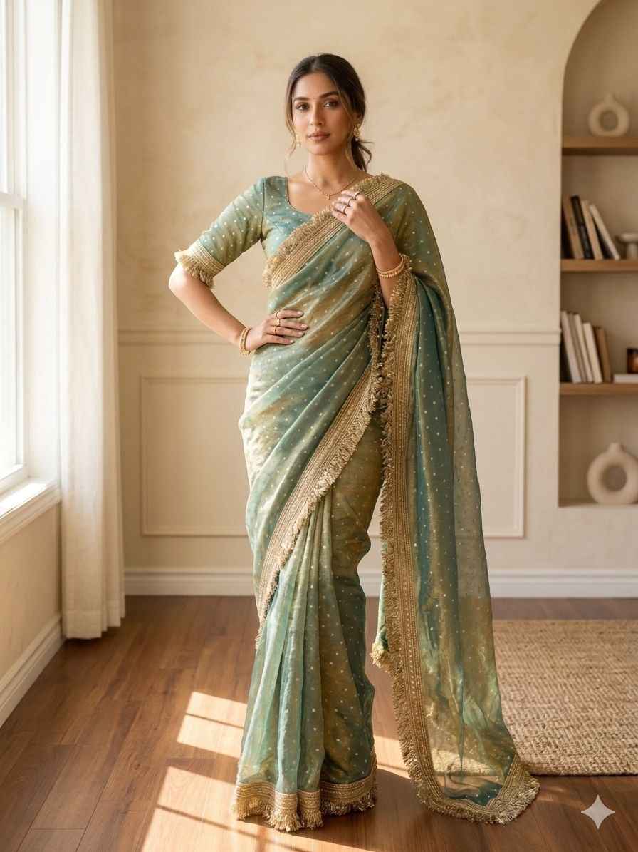 MOSS SILK JACQUARD BUTTI WORK SAREE AT WHOLESALE PRICE