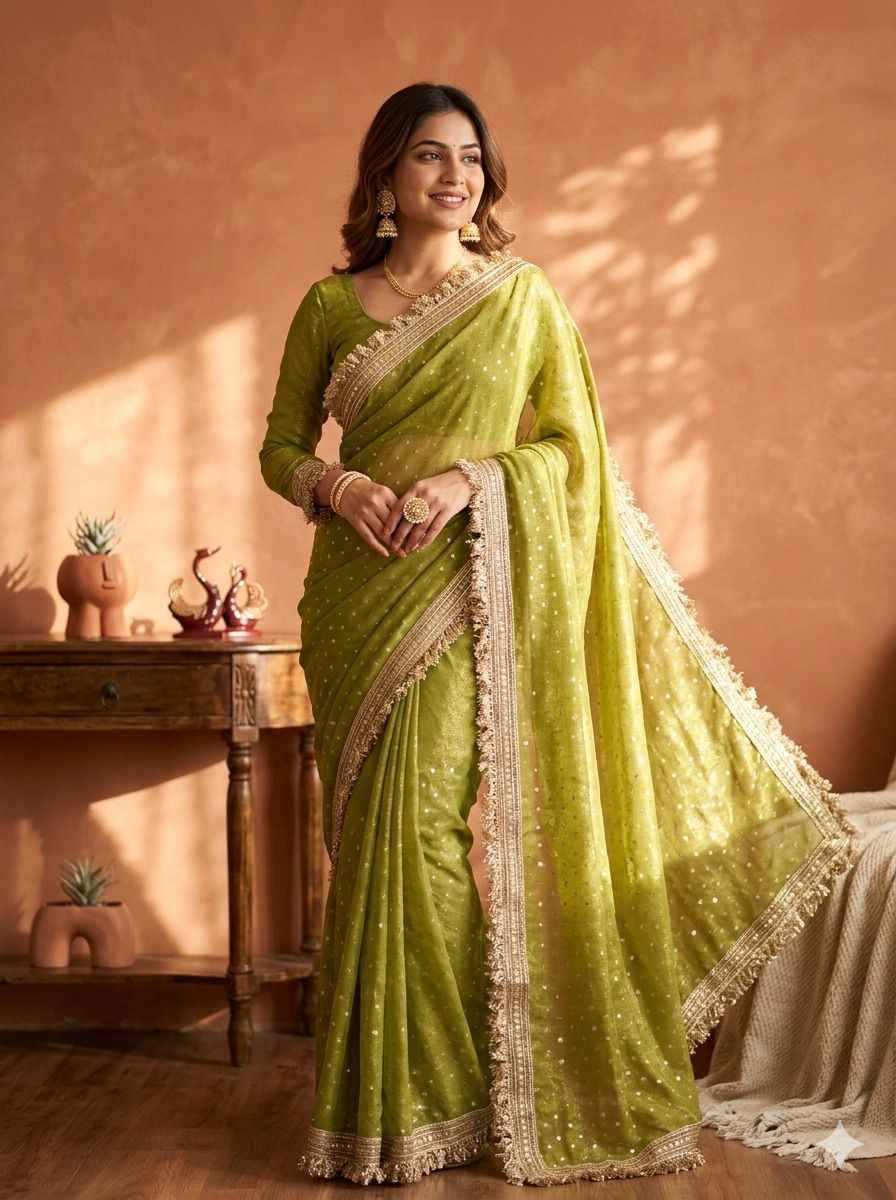MOSS SILK JACQUARD BUTTI WORK SAREE AT WHOLESALE PRICE