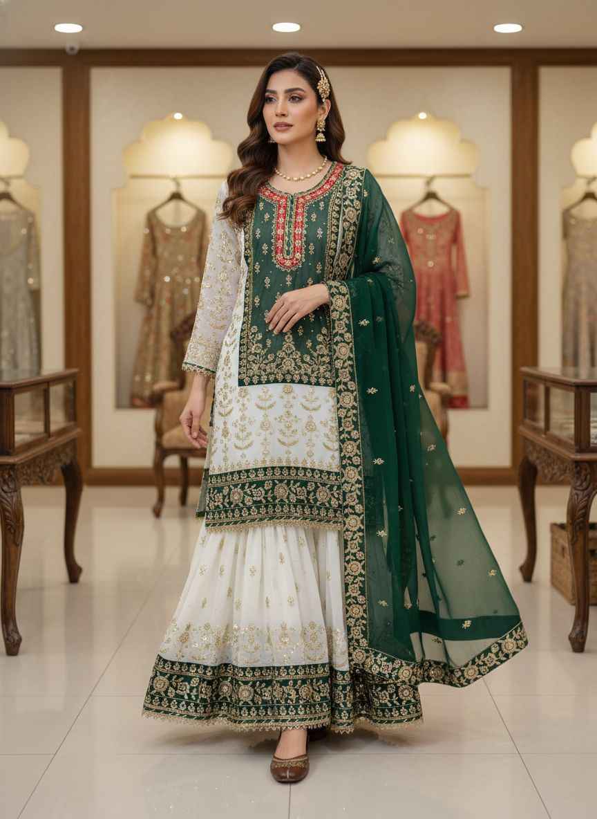 FUAX GEORGETTE SEQUINS EMBROIDERY PEARL MOTI WORK PAKISTANI READYMADE SUIT AT WHOLESALE PRICE