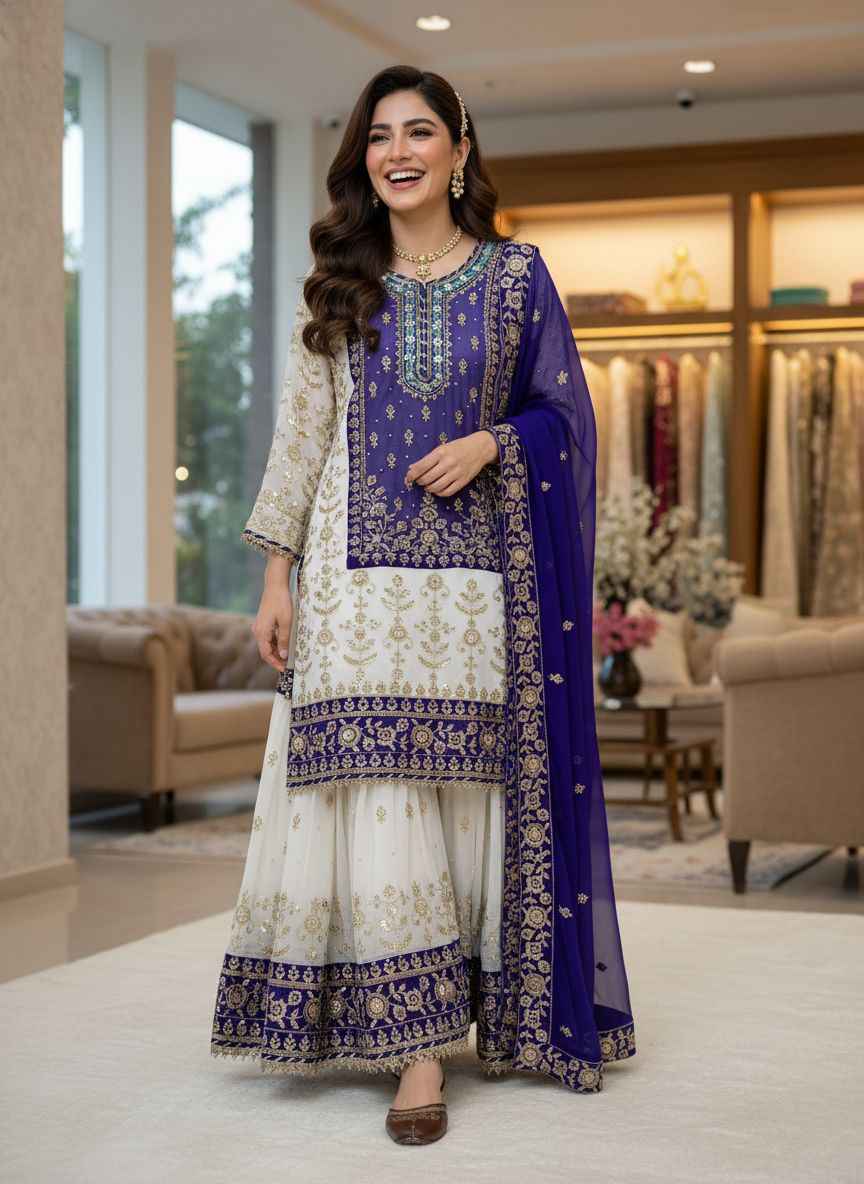 FUAX GEORGETTE SEQUINS EMBROIDERY PEARL MOTI WORK PAKISTANI READYMADE SUIT AT WHOLESALE PRICE