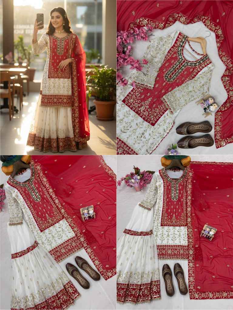 FUAX GEORGETTE SEQUINS EMBROIDERY PEARL MOTI WORK PAKISTANI READYMADE SUIT AT WHOLESALE PRICE