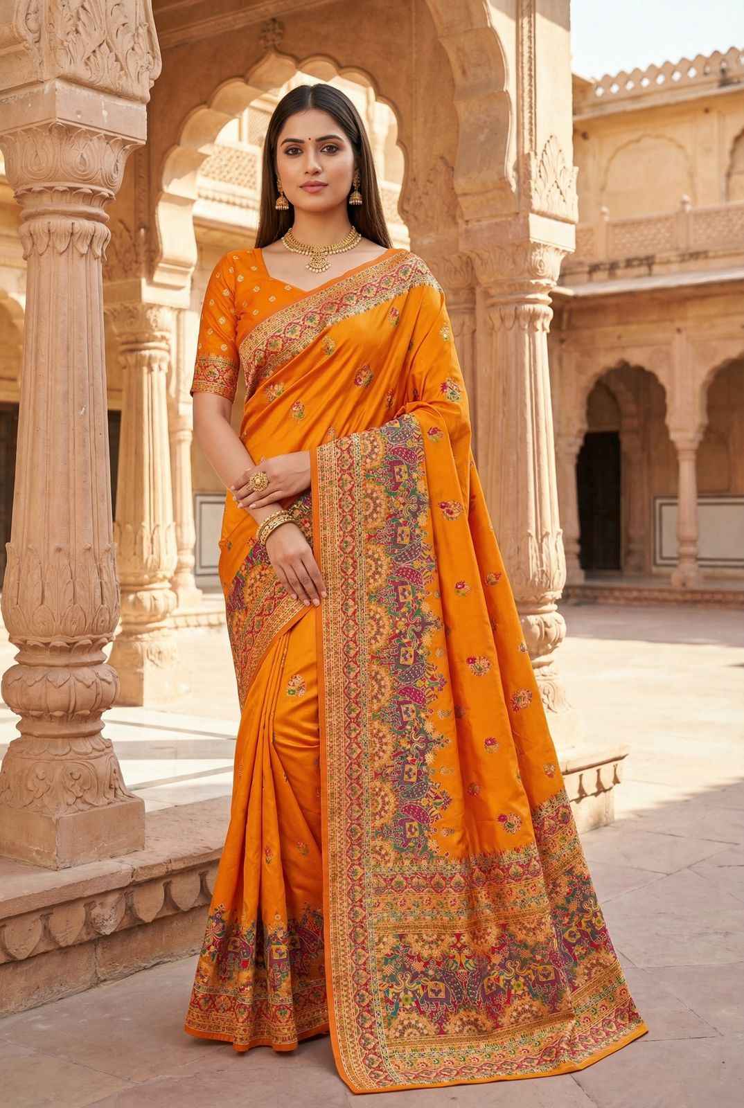 PASHMINA SILK MULTICOLOR PAISLEY BORDER SAREE 1 AT WHOLESALE PRICE