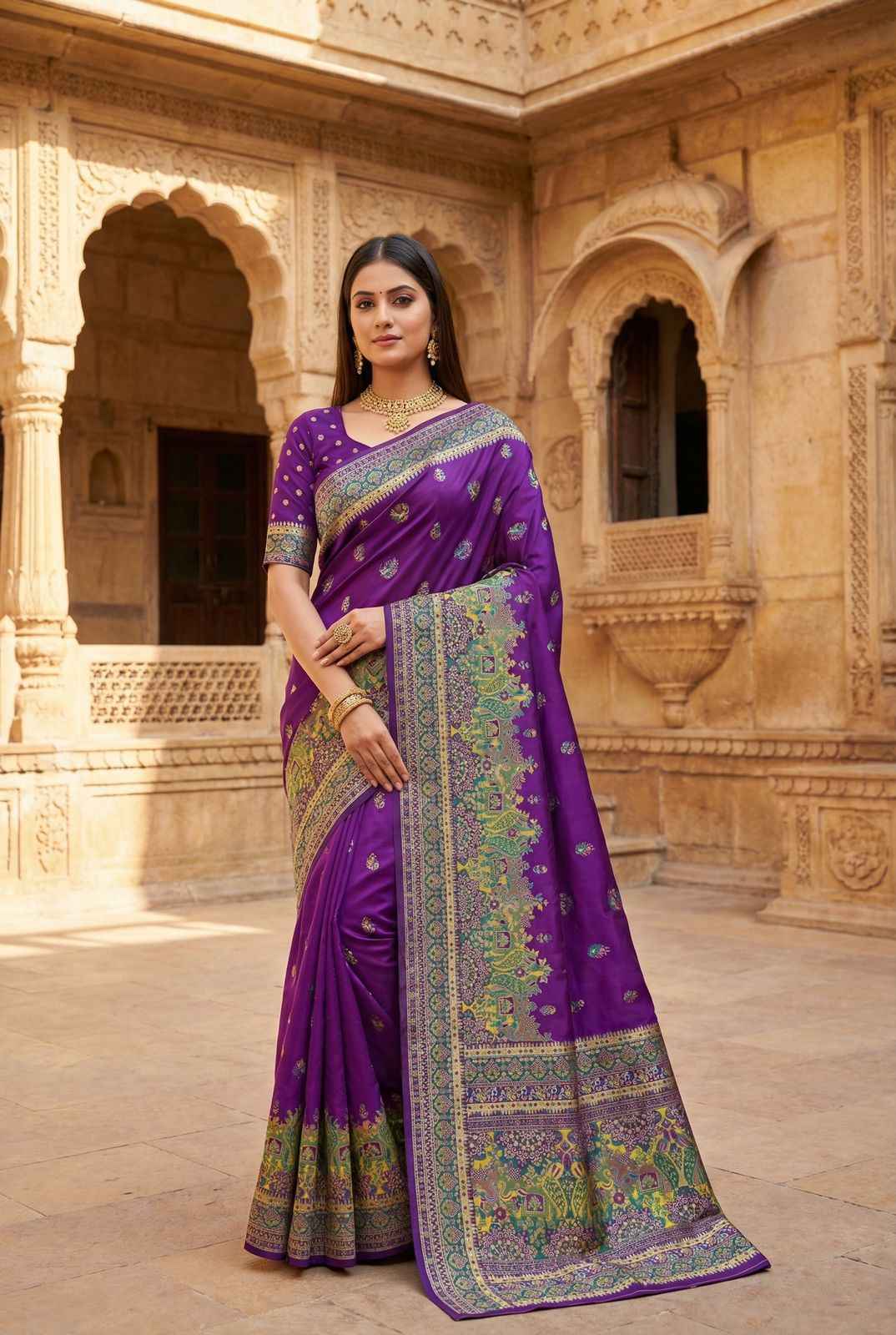 PASHMINA SILK MULTICOLOR PAISLEY BORDER SAREE 1 AT WHOLESALE PRICE